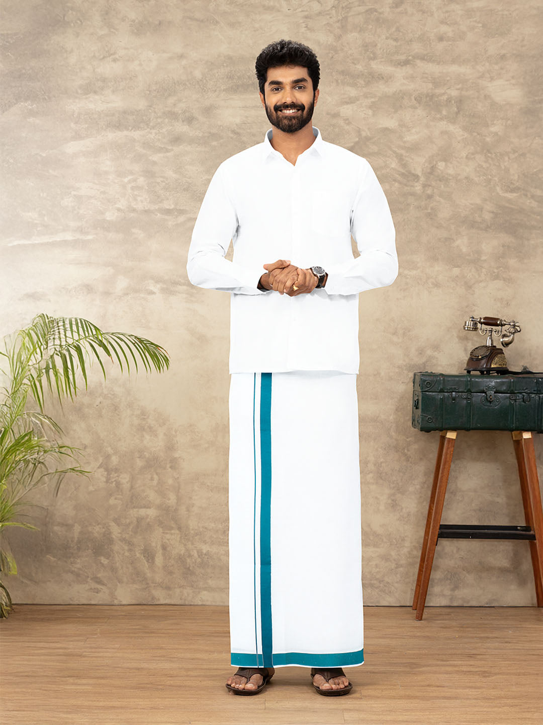 Men Cotton Blend Readymade Single Layer White Dhoti with Big Border GACS12