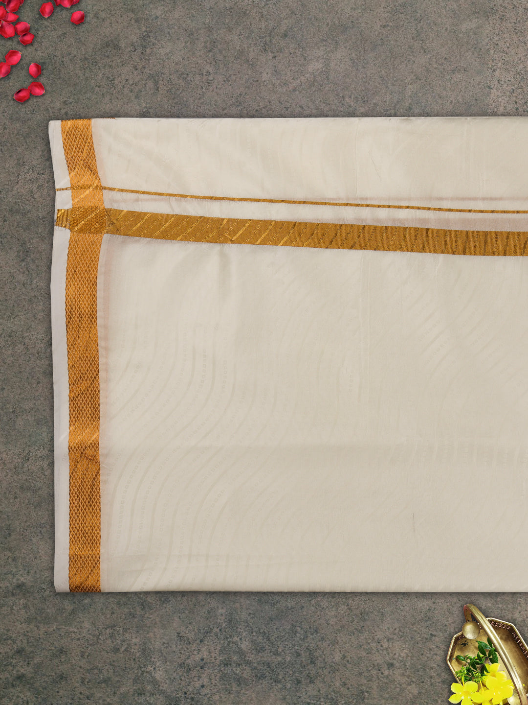 Men Gold Border Double Dhoti & Towel Set Ishwaryam Embose