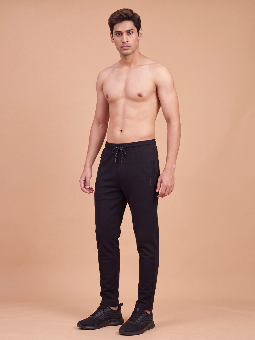 Cotton Rich Popcorn Structured Fabric Black Track Pants PTK5