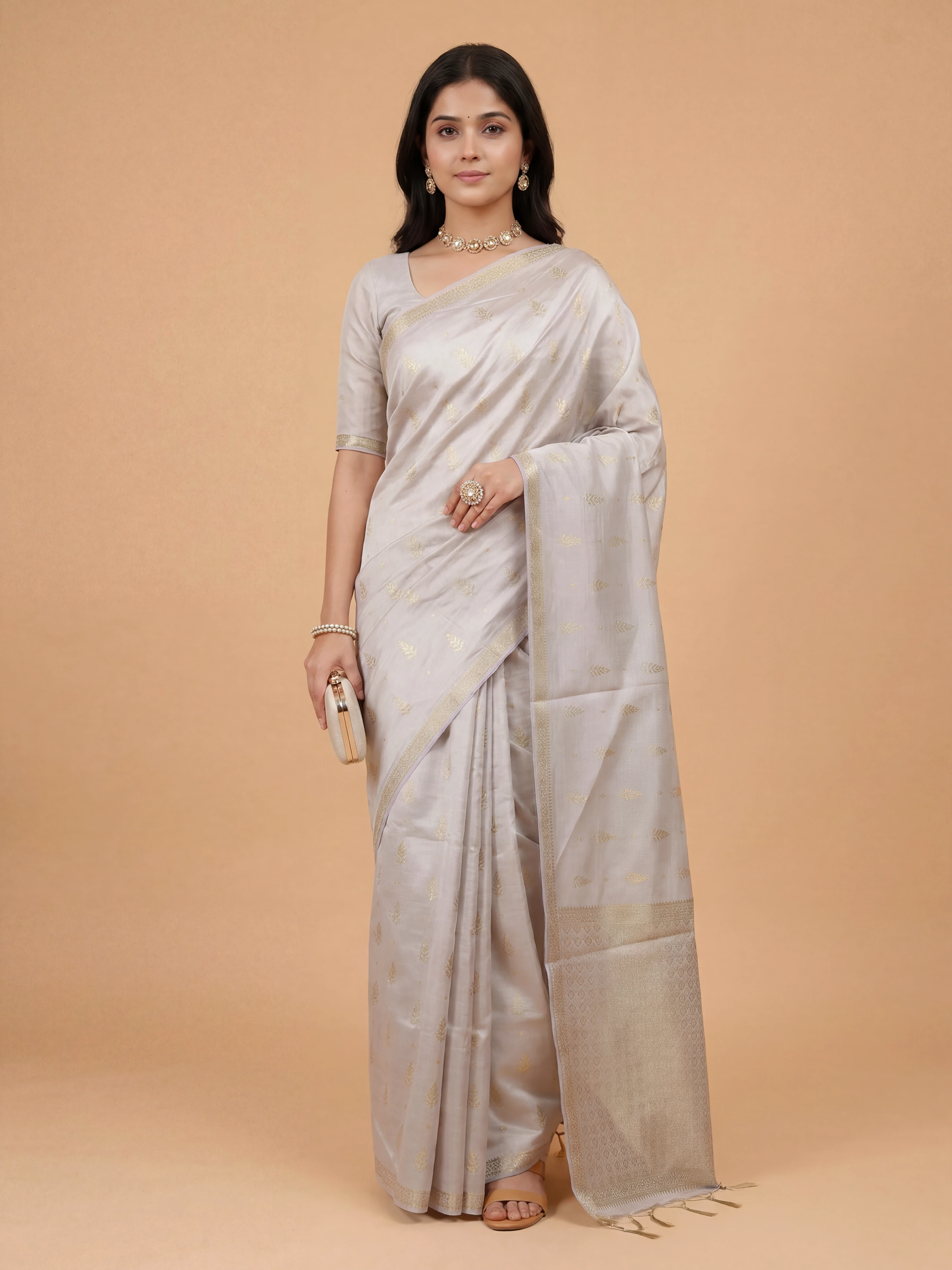 Women Semi Tussar Printed Grey Saree ST346