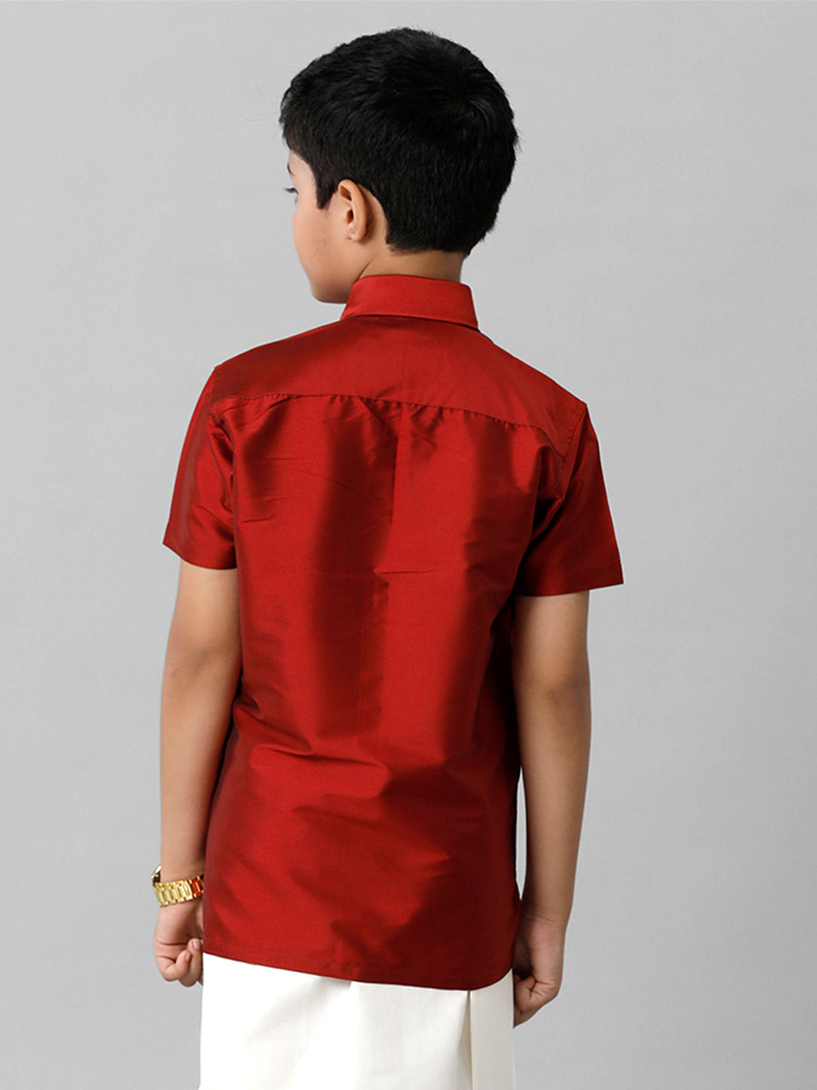 Boys Silk Cotton Red Half Sleeves Shirt K8-Back view