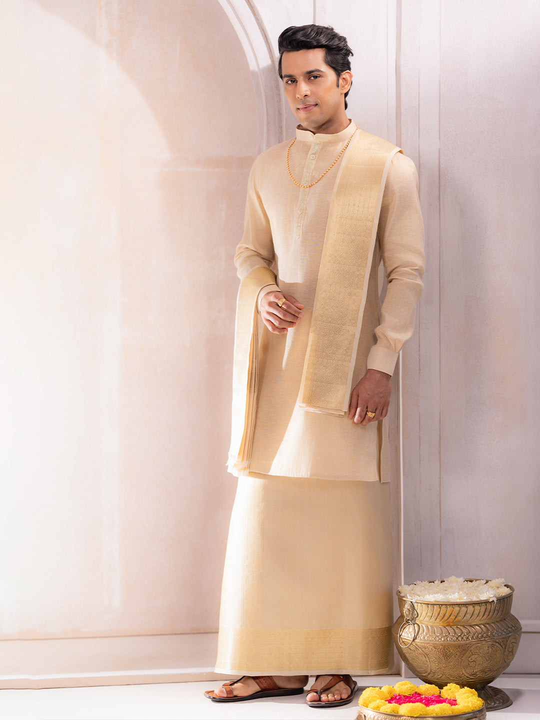 Pure Silk 4" Fawn Wedding Dhoti & Towel Set – Amirtham Plain Dhoti
