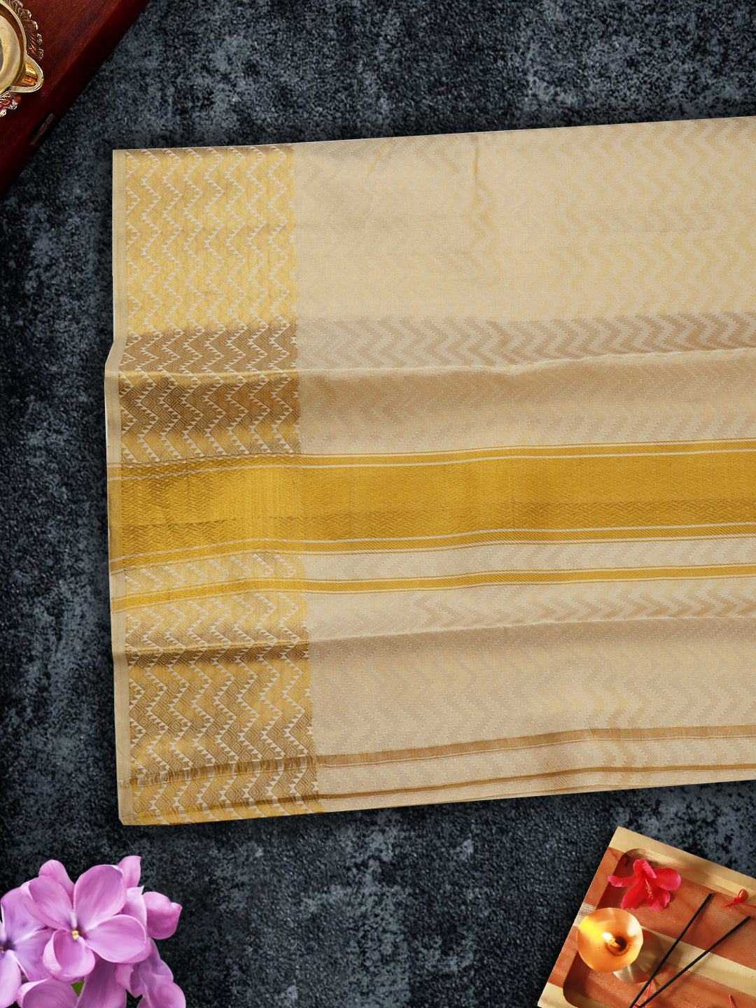 Pure Silk Embossed 5" Gold Jari Border Dhoti With Towel Thirukalyan-View four