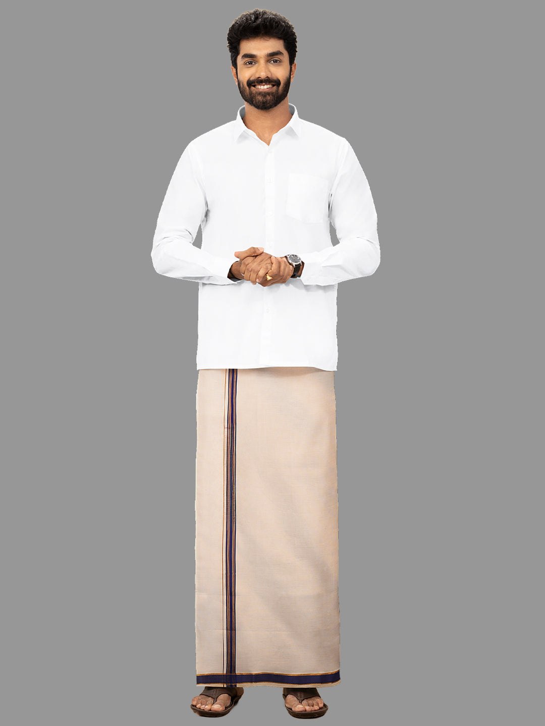 Men Tissue Adjustable Pocket Dhoti Blue Fancy Jari Border