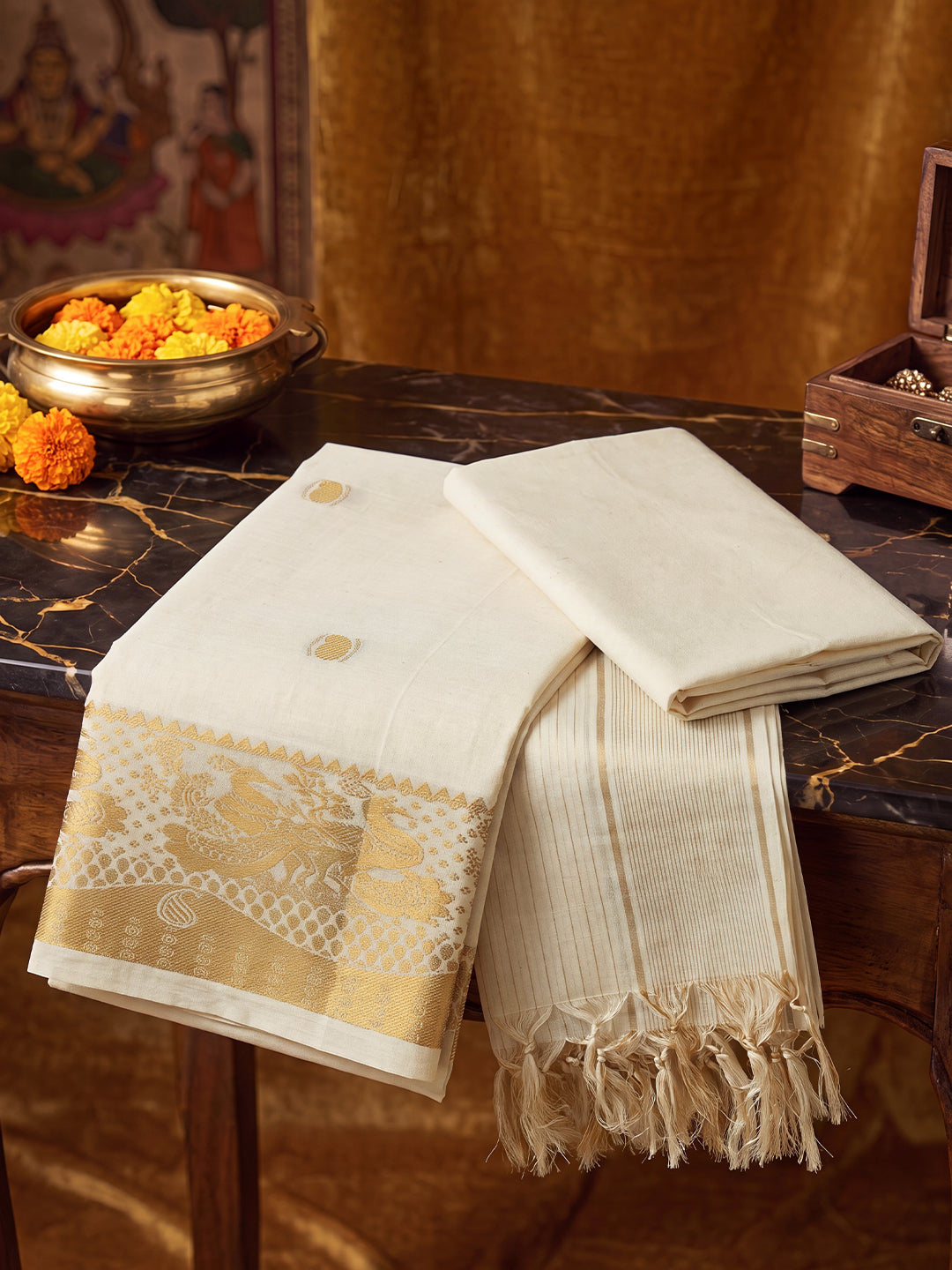 Women Kerala Style Cream Embroidered Cotton Dress Material DM363