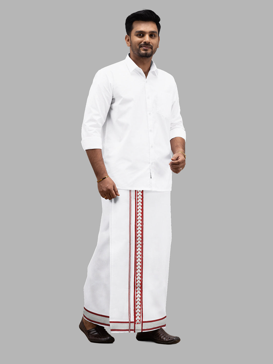 Men Red Fancy Jari Border White Double Layer Dhoti