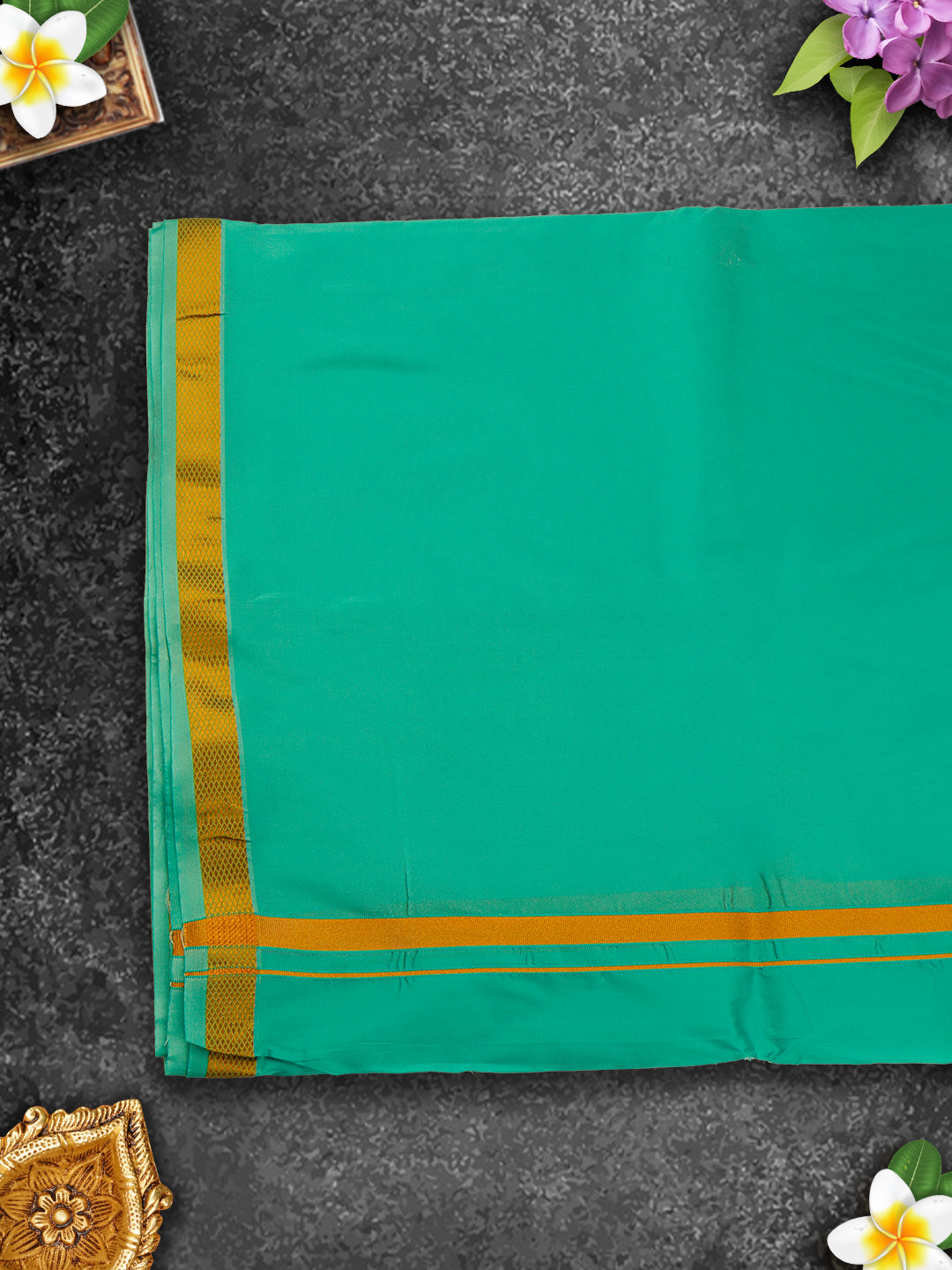 Mens Premium Art Silk Green Shirting & Gold Jari Border Panchakacham Set 9+5 Ashirwath-View four