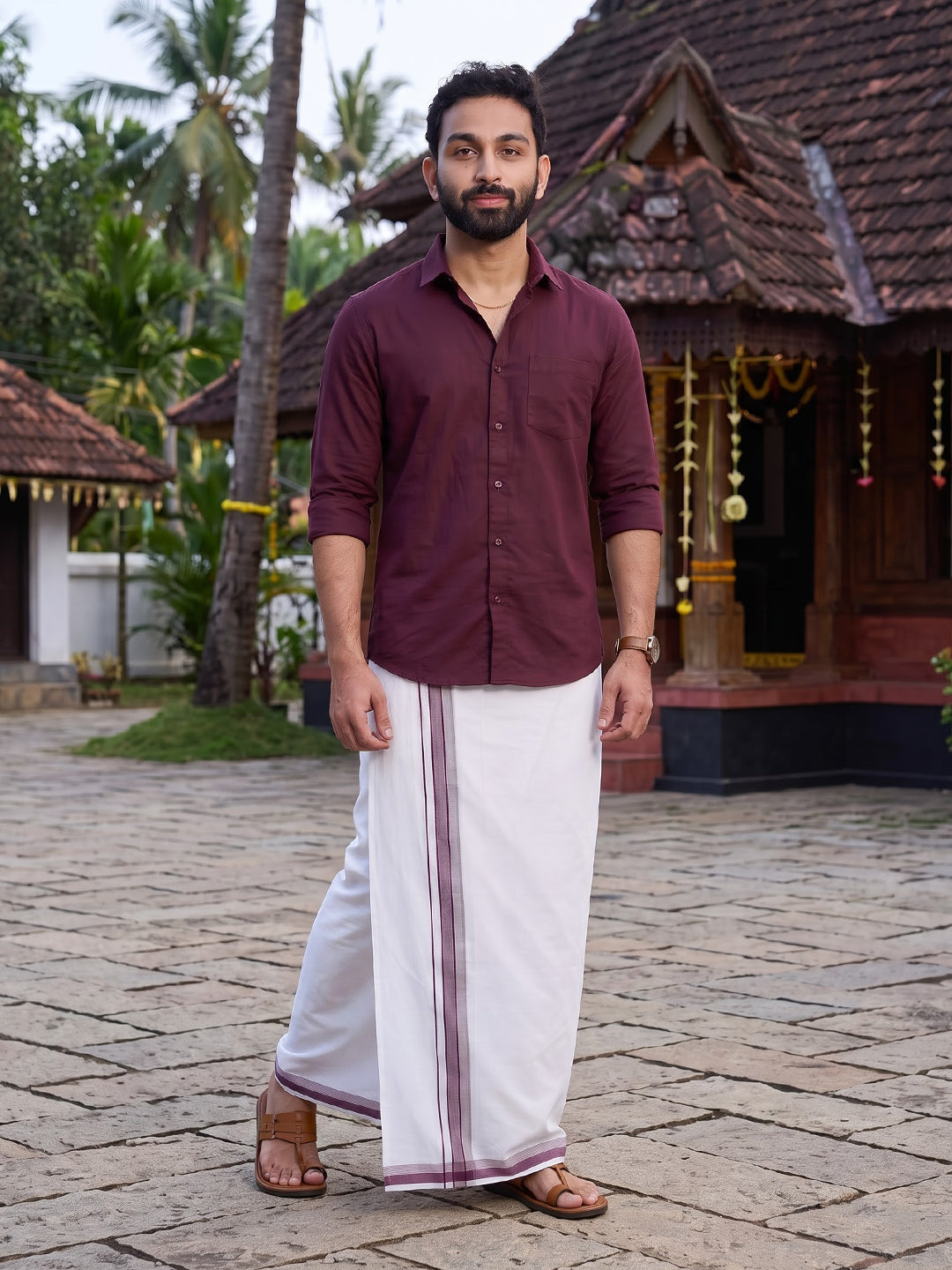 Double Layer 100% Cotton White Dhoti with Fancy Border - UF02
