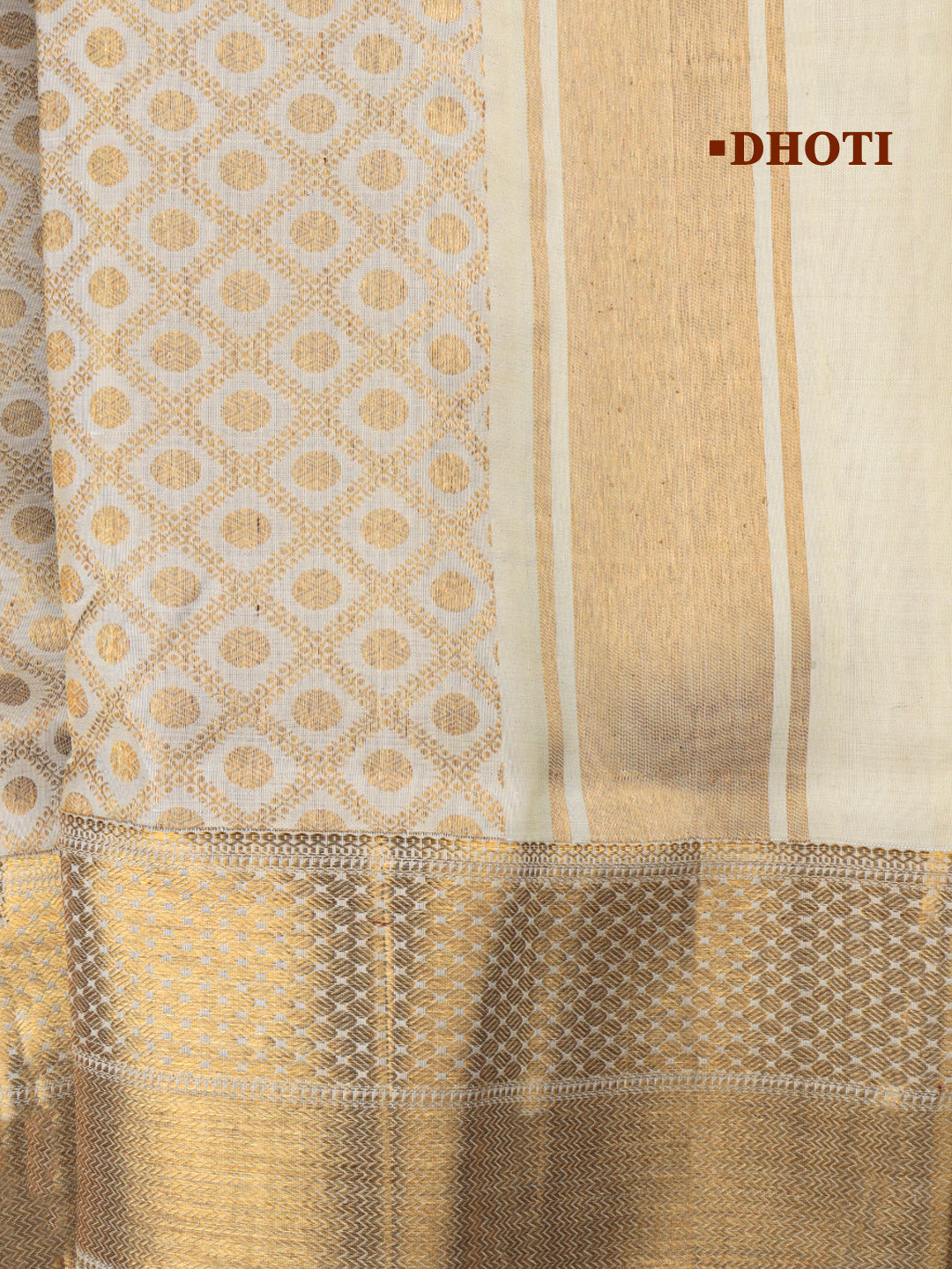 Men Premium Pure Silk Cream Dhoti & Towel Set with 6" inch Gold Jari Border Amirtham AM11