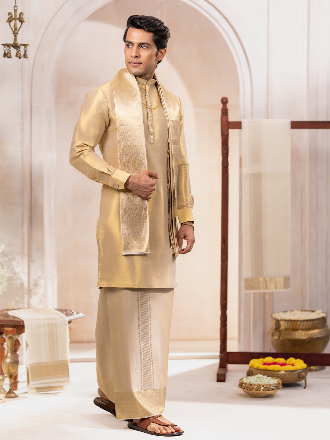 Premium Pure Silk Plain Dhoti Shirting & Towel Set with 5" Jari Border – Rajadharbar