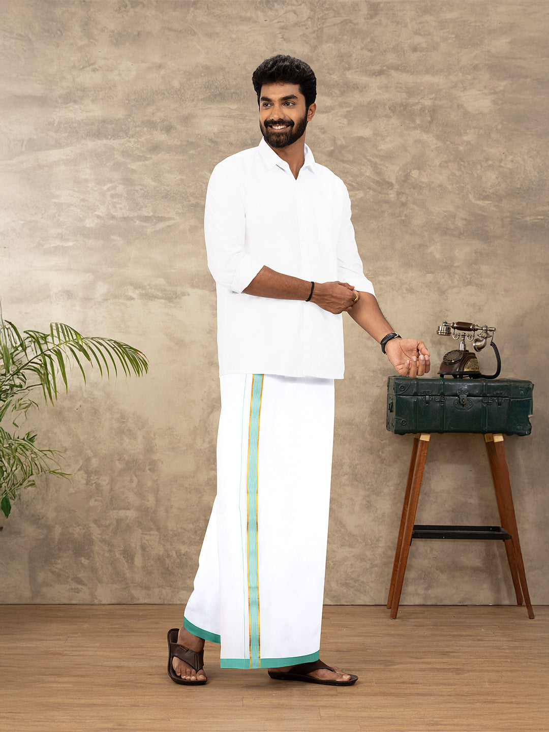 Men Cotton Blend Readymade Double Layer White Dhoti with Fancy Jari Border GFDA14