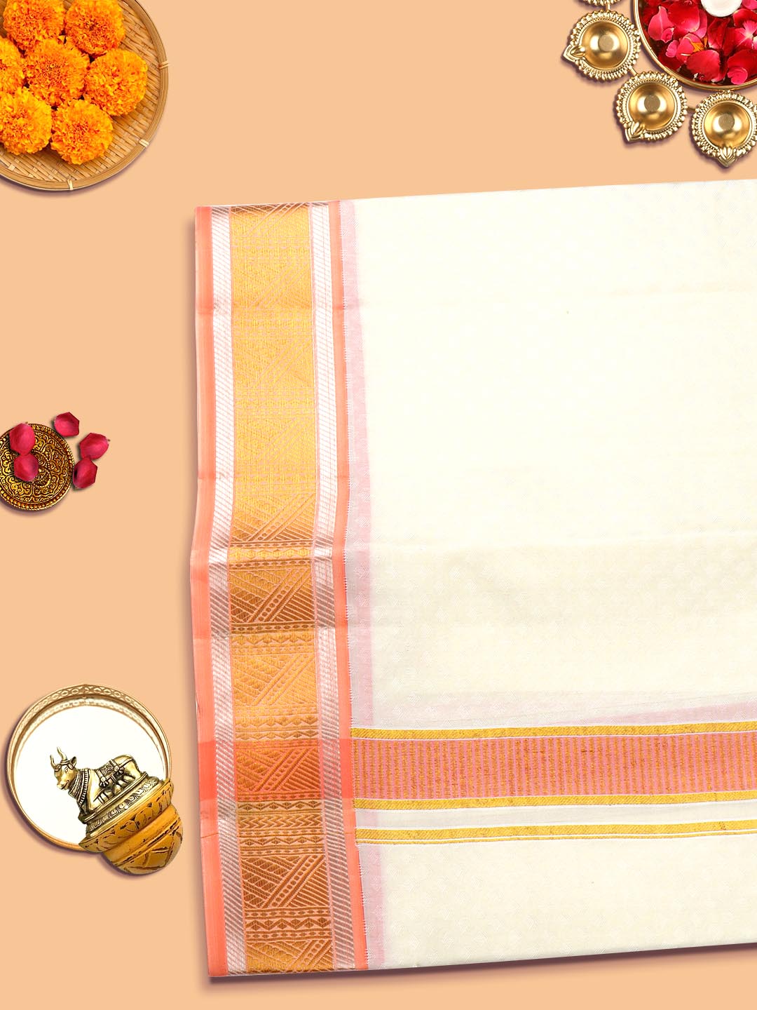 Mens Pure Silk Cream Embossed Design 2" Orange Jari Border With Towel Thirukalyan-view four