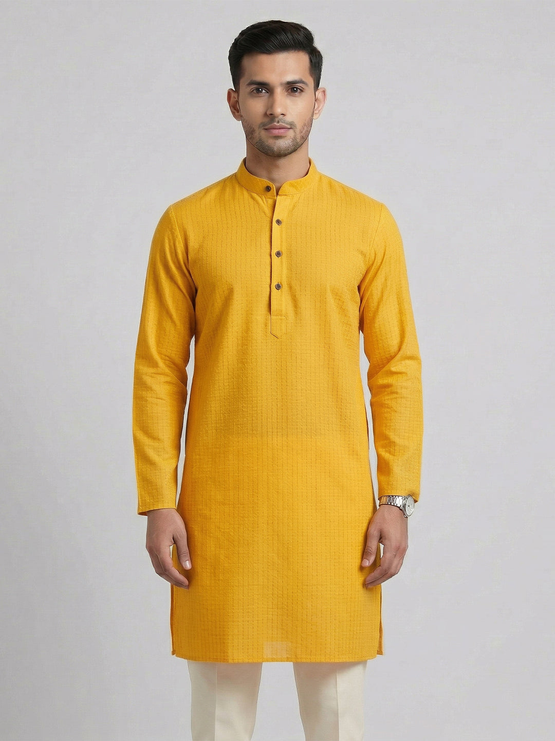 Men Cotton Full Length Self Design Pocket Kurta Orangy Yellow Y4