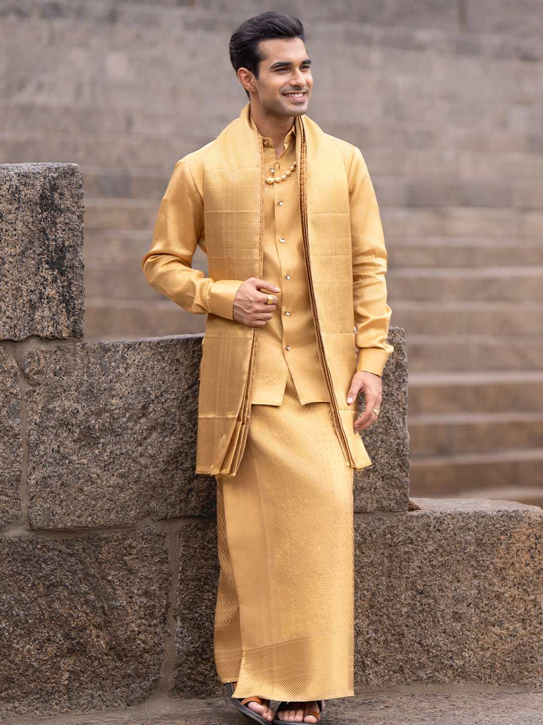 Premium Silk Pure Jari Gold Jacquard Weaving Dhoti Shirting & Towel Set with 5" Jari Border – Rajadharbar