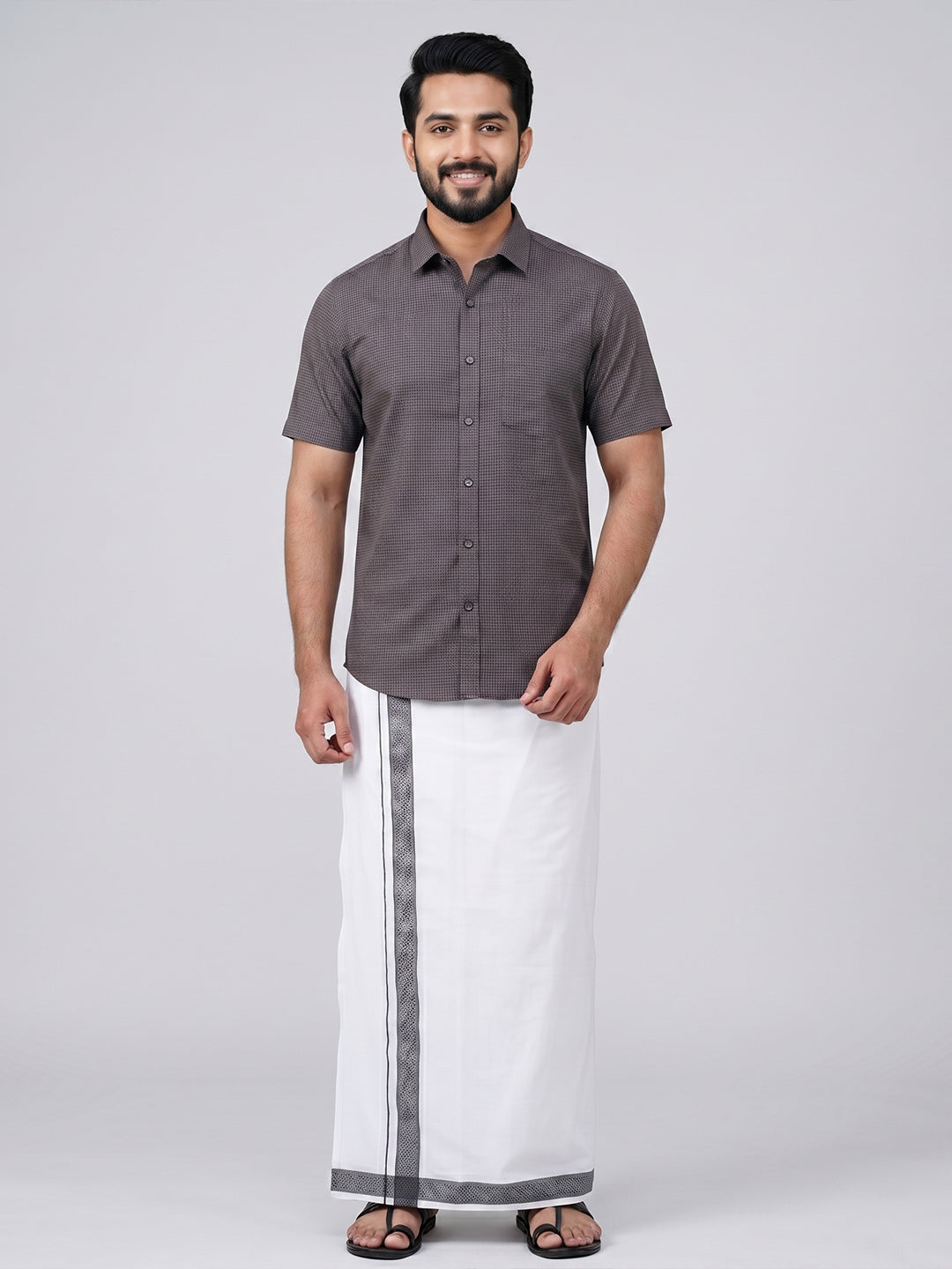 Men Greyish Black Matching Border Dhoti With Printed Shirt Set Windsor HNJ7