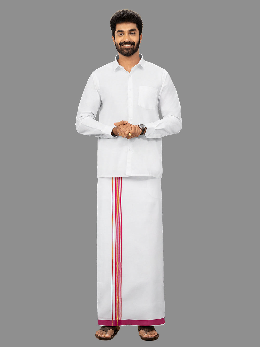 Men White with Pink Fancy Jari Border Single Layer Dhoti WGF02