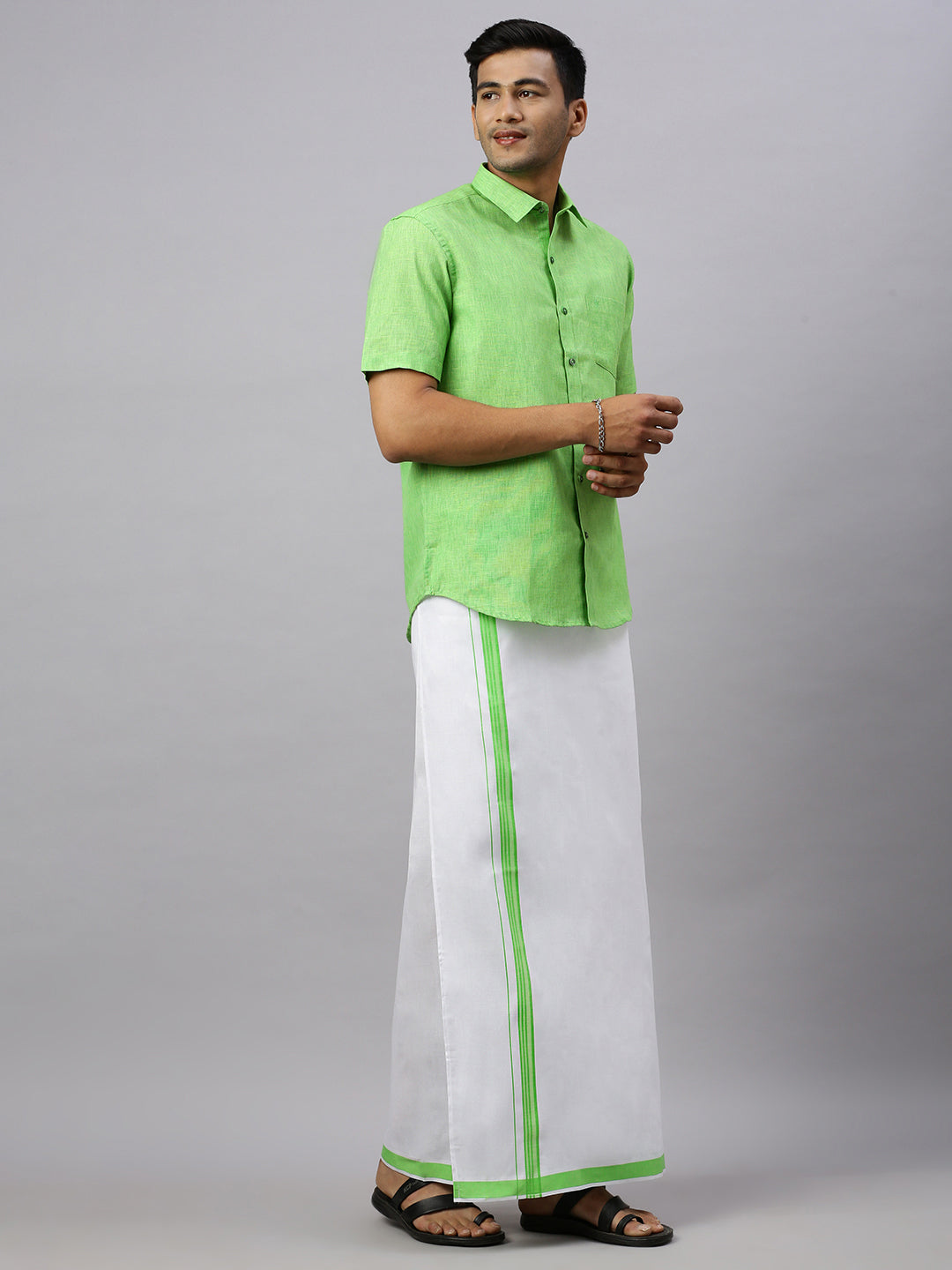 Men Matching Border Adjustable Dhoti & Half Sleeves Shirt Set Green CC6