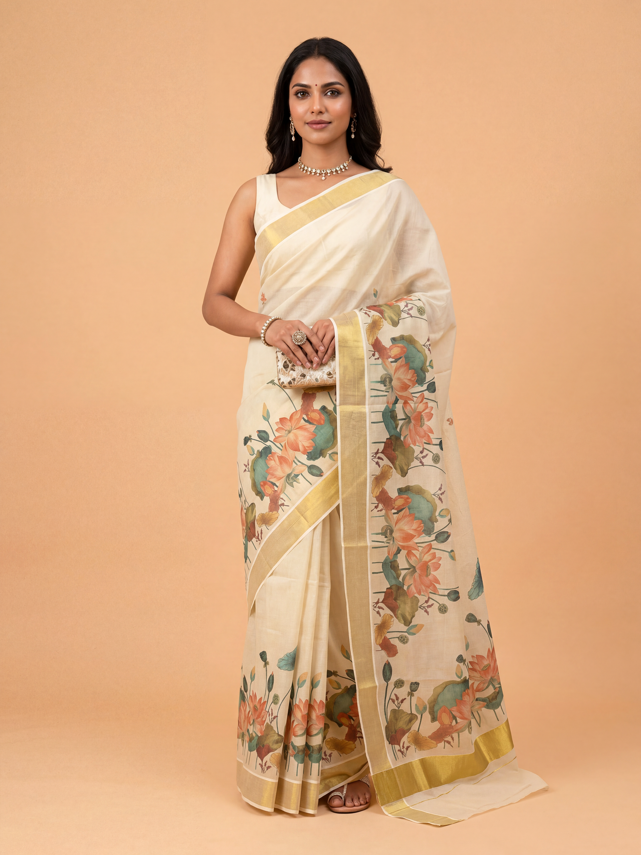 Women Tissue Cream Floral Printed Kerala Saree KLS14