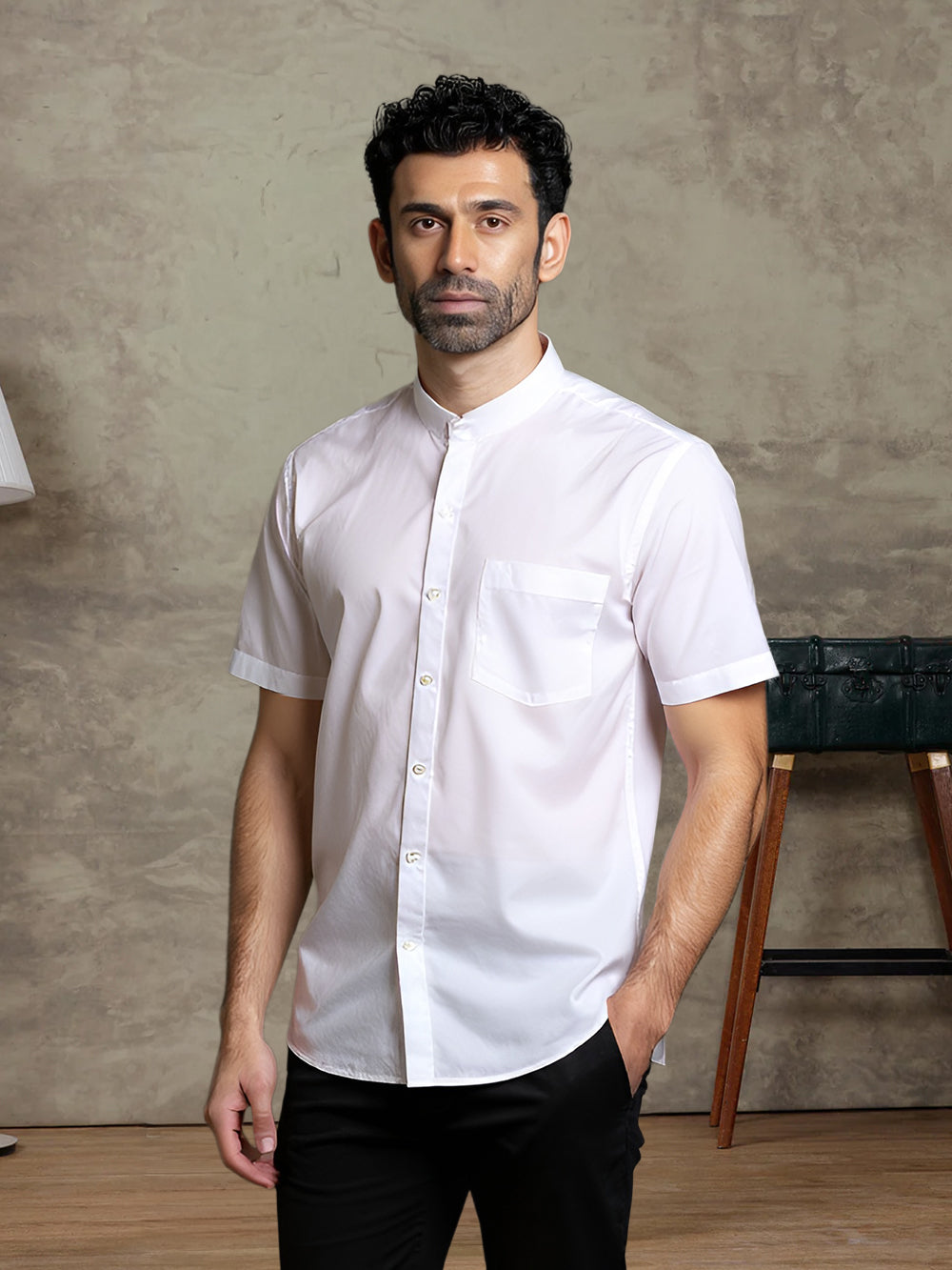 Men Cotton Blend Chinese Collar Half Sleeve White Shirt Aura