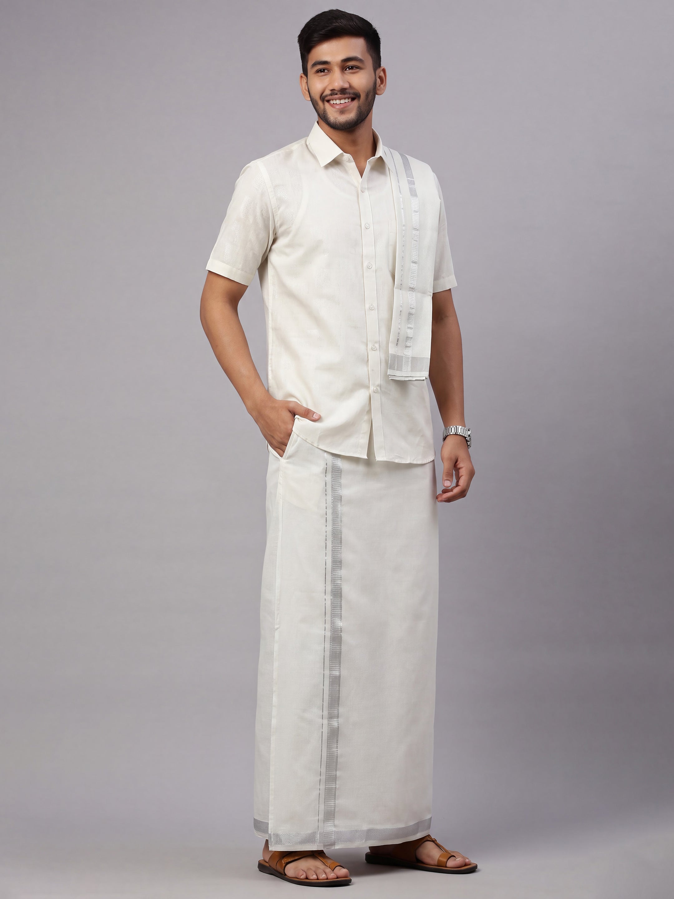 Tissue Silver Shirt Dhoti & Towel Set
