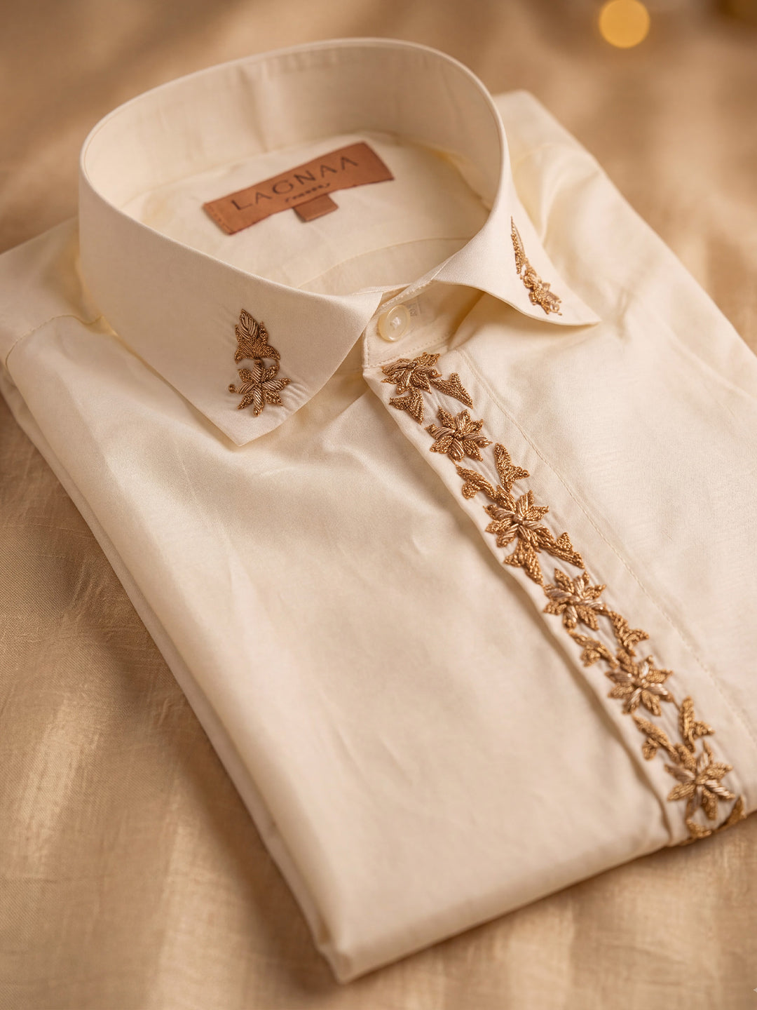 Premium Pure Tussar Silk Butterfly Hand Embroidered Customized Shirt & Dhoti Set with Zari Dozi Work on Collar & Cuffs | Vyoma Vaibhavam
