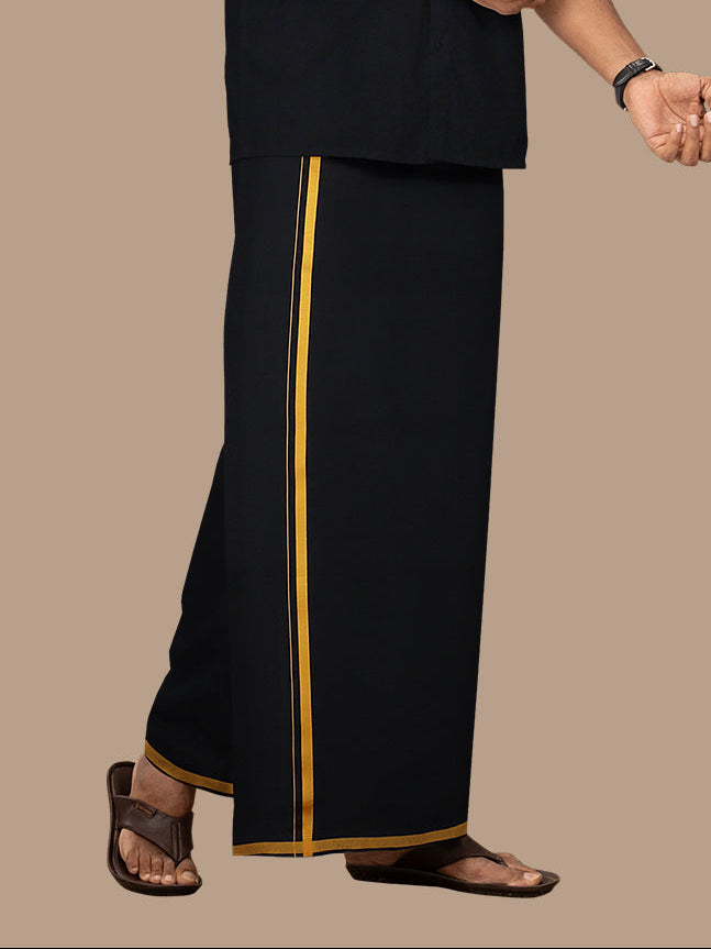Men Cotton Blend Single Layer Black Dhoti with Gold Jari Border Cosmic