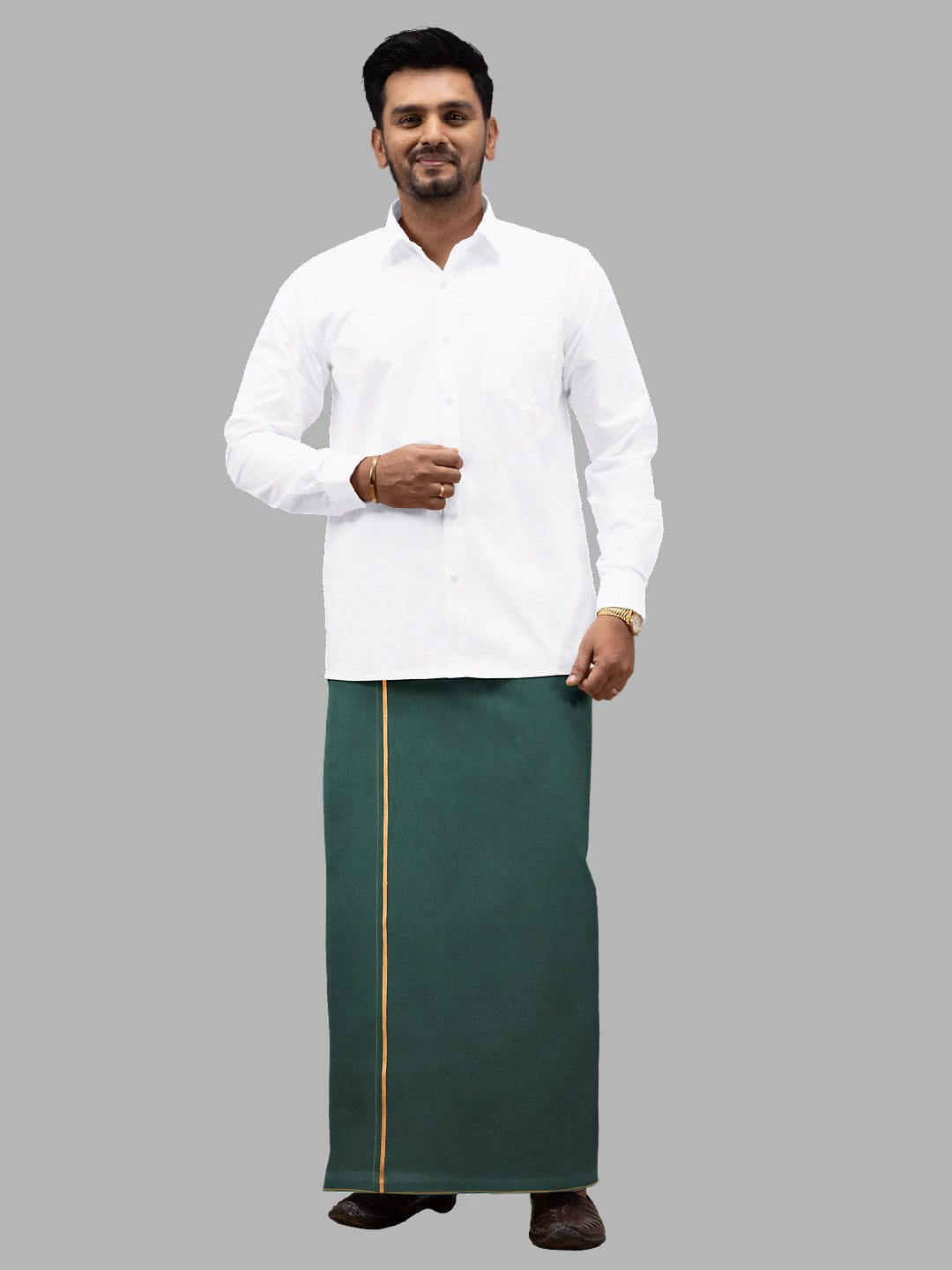 Men Assorted Border Single Layer Devotional Dhoti Poojan SB Bottlegreen