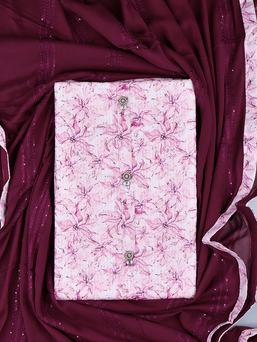 Women's Pink Colour Leaf Design Digital Print Threaded Sequin Unstitched Cotton Dress Material DM132