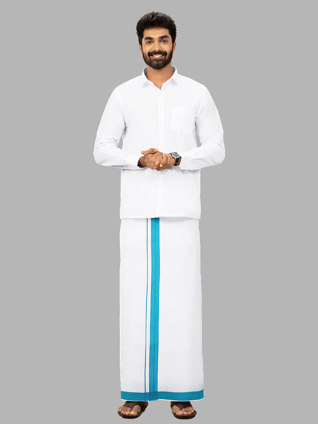 Men Blue Fancy Border Single Layer Adjustable Pocket Dhoti GACF12