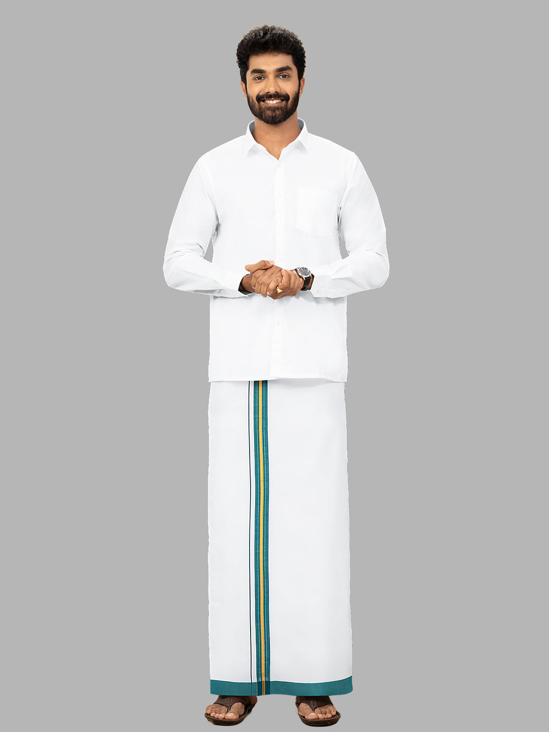 Men Green Fancy Jari Border Single Layer Adjustable Pocket Dhoti GACJ36