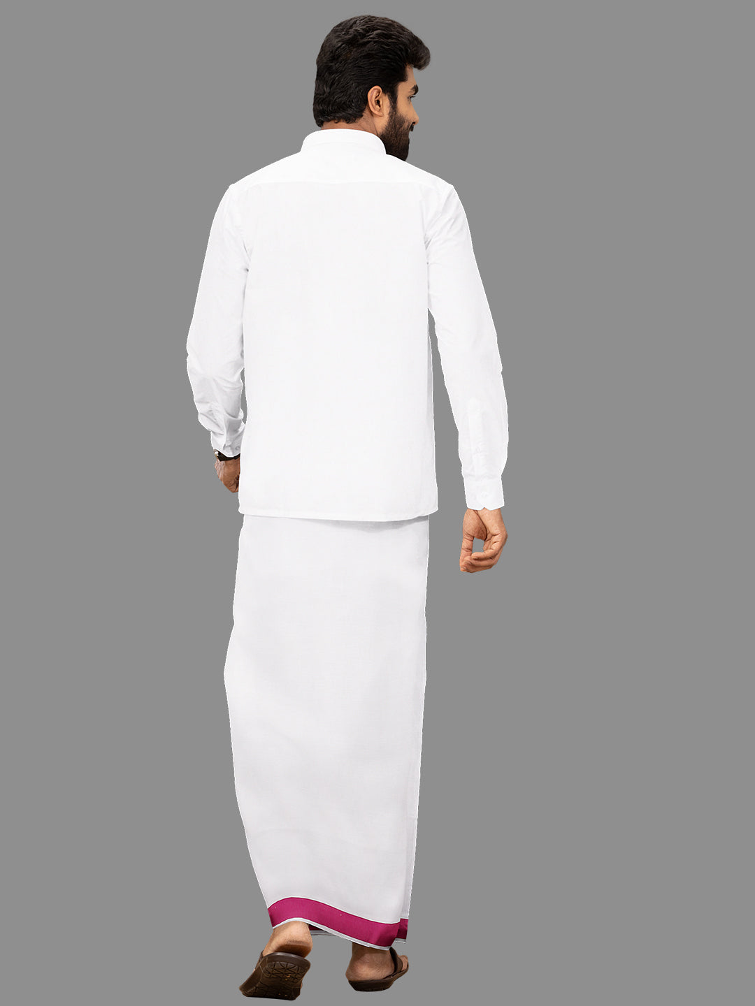 Men White with Pink Fancy Jari Border Single Layer Dhoti YGF04