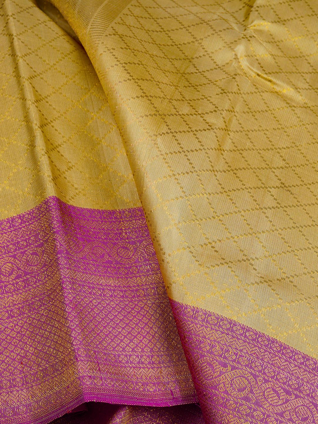 Premium Pure Silk Tissue Dark Cream Dhoti With Angavastram 5" Purple Jari Border Agarshanaa-zoom view