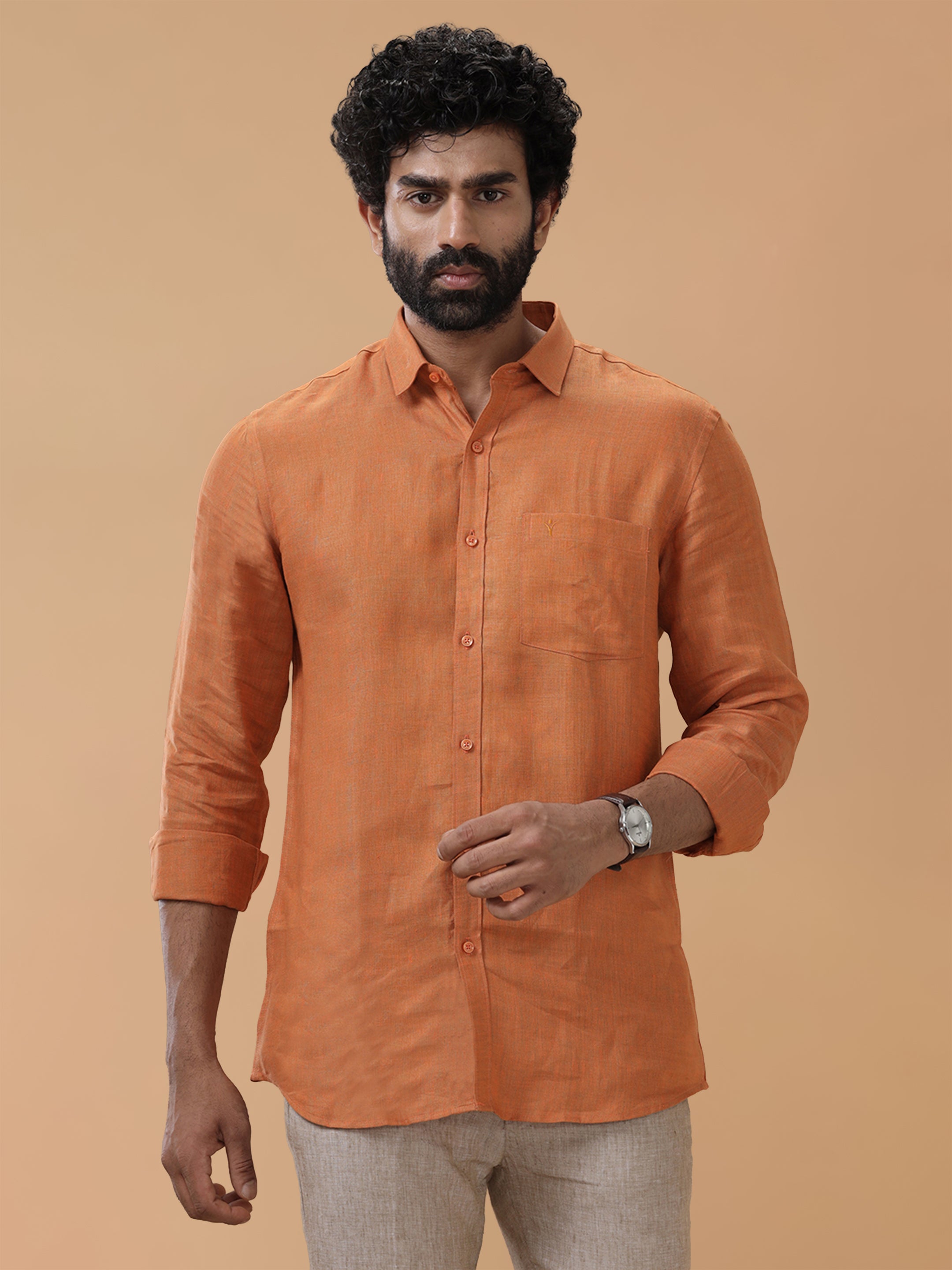 Pure Linen Vivid Orange Smart Fit Shirt L76