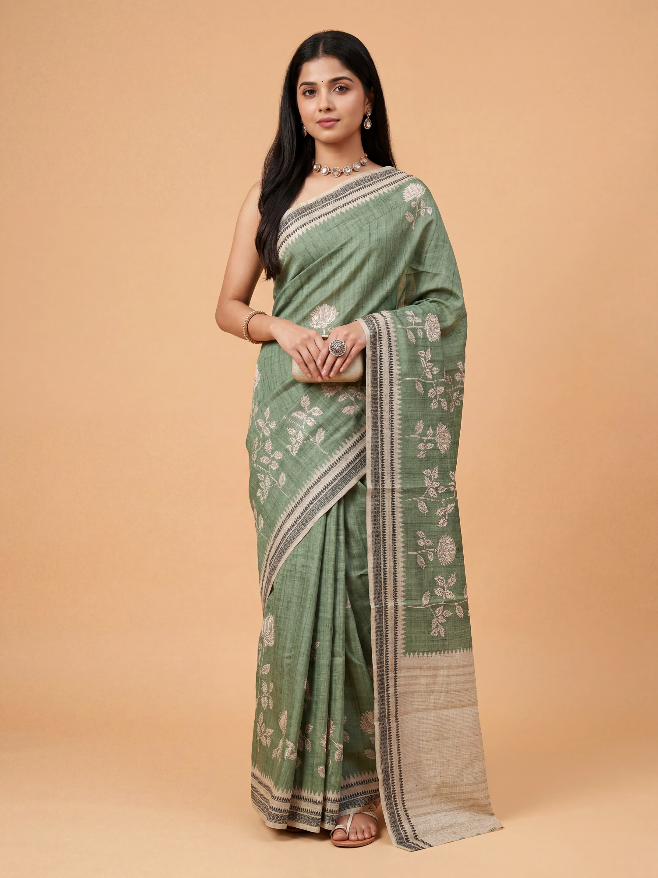 Women Semi Tussar Printed Green Saree ST339