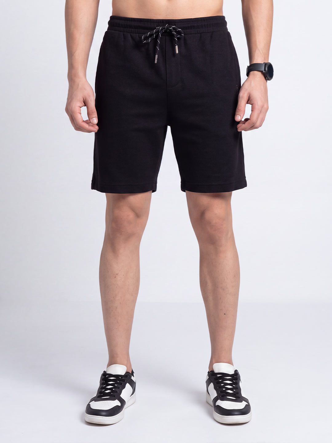 Cotton Rich Popcorn Structured Fabric Black Shorts PS5