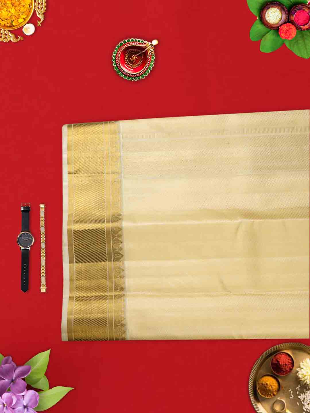 Mens Pure Silk Fawn 4" Gold Jari Border Dhoti with Towel Amirtham-View four