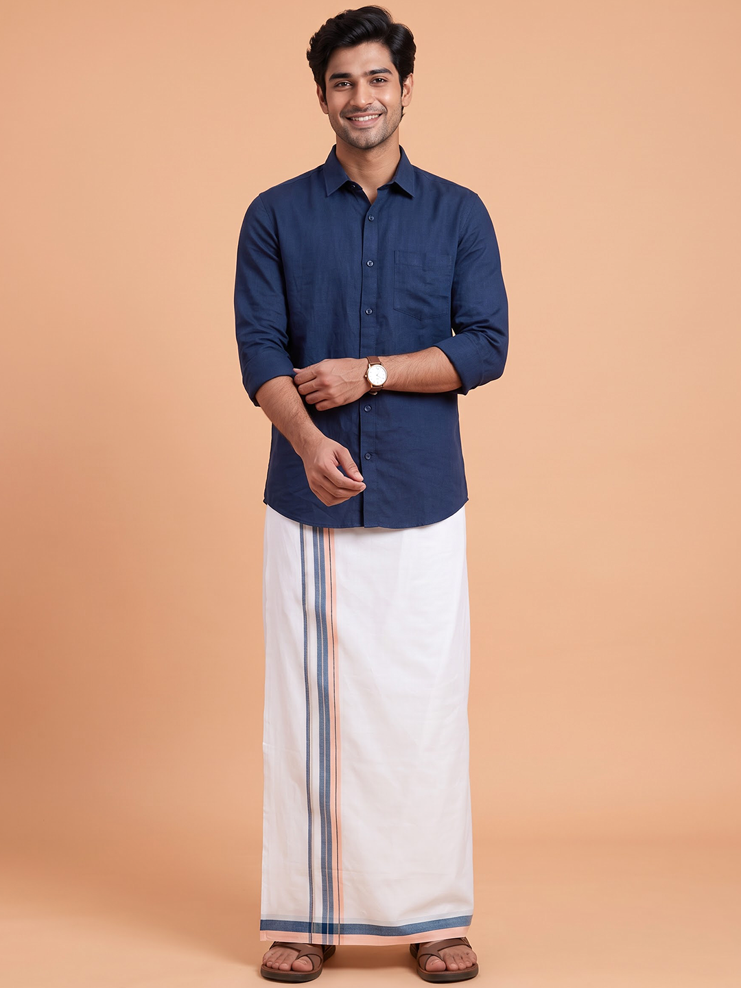 Double Layer 100% Cotton White Dhoti With Colour Jari Border - EJF31