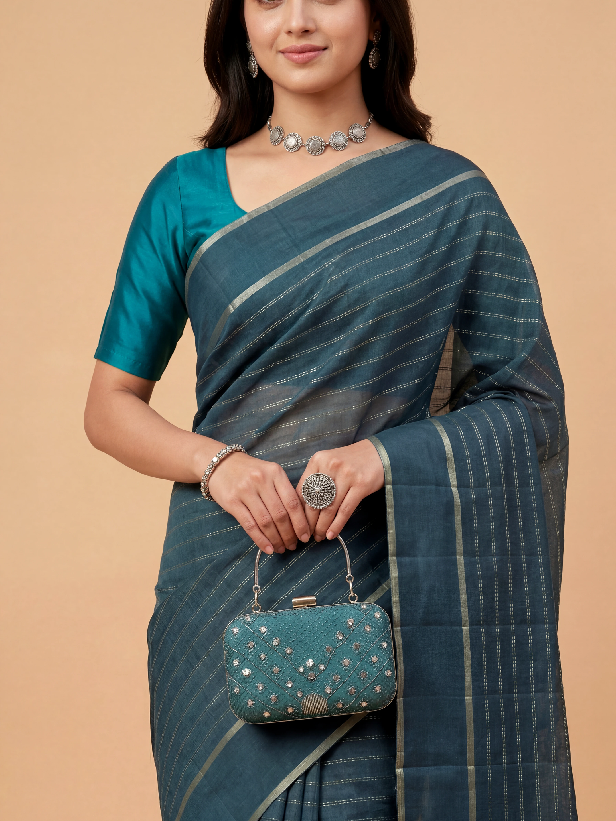 Women Semi Tussar Peacock Blue Saree ST327