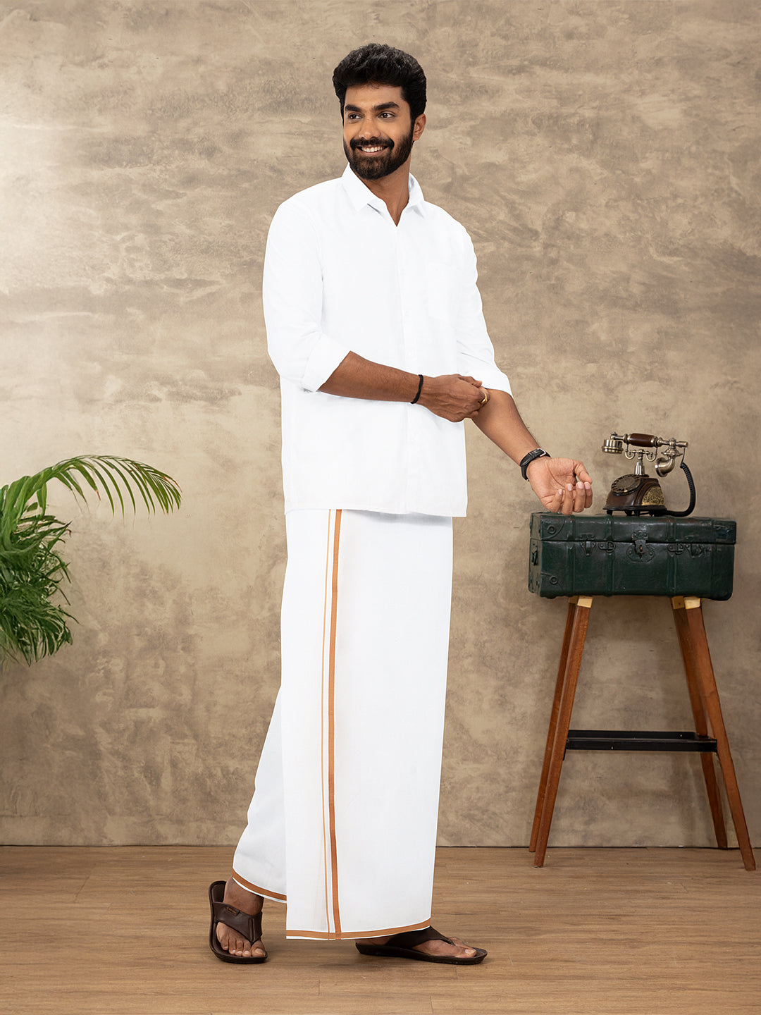 Men 100% Cotton Double Layer White Dhoti with Small Border JV01