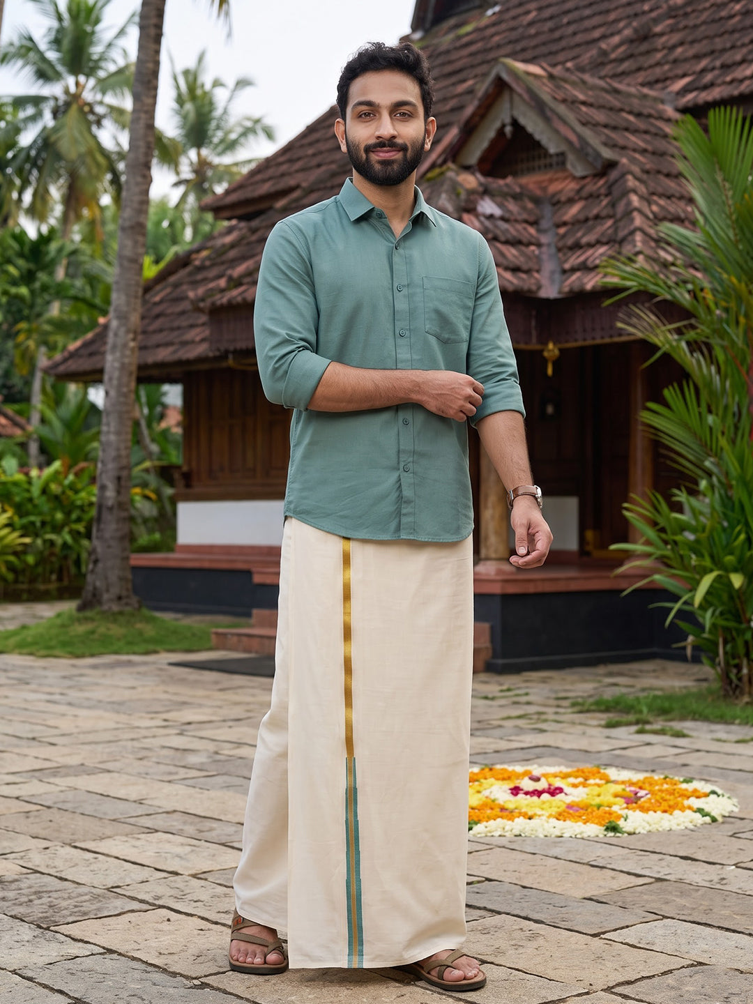 Double Layer 100% Cotton Cream Kora Dhoti with Colour Jari Border - LC51