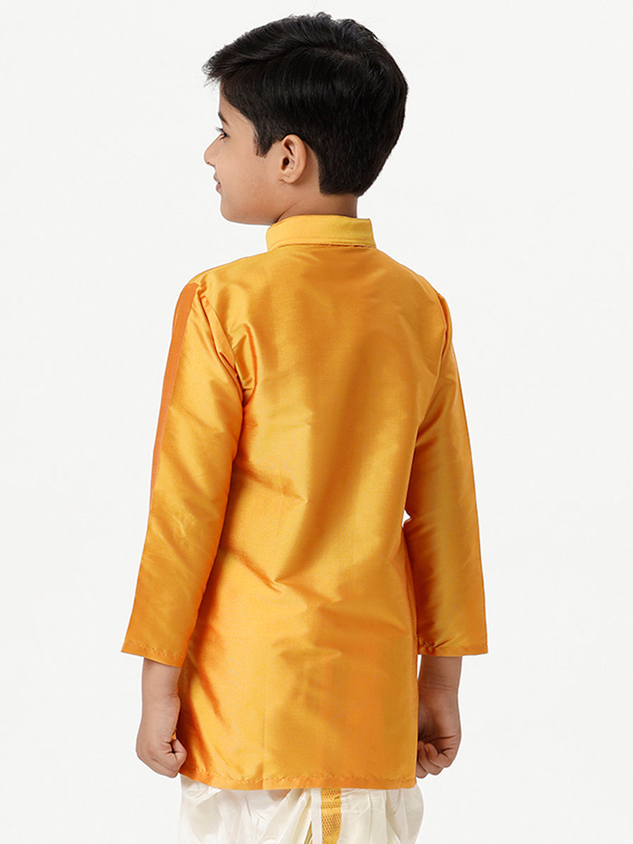 Boys Silk Cotton Full Sleeves Golden Yellow Kurta-Back view