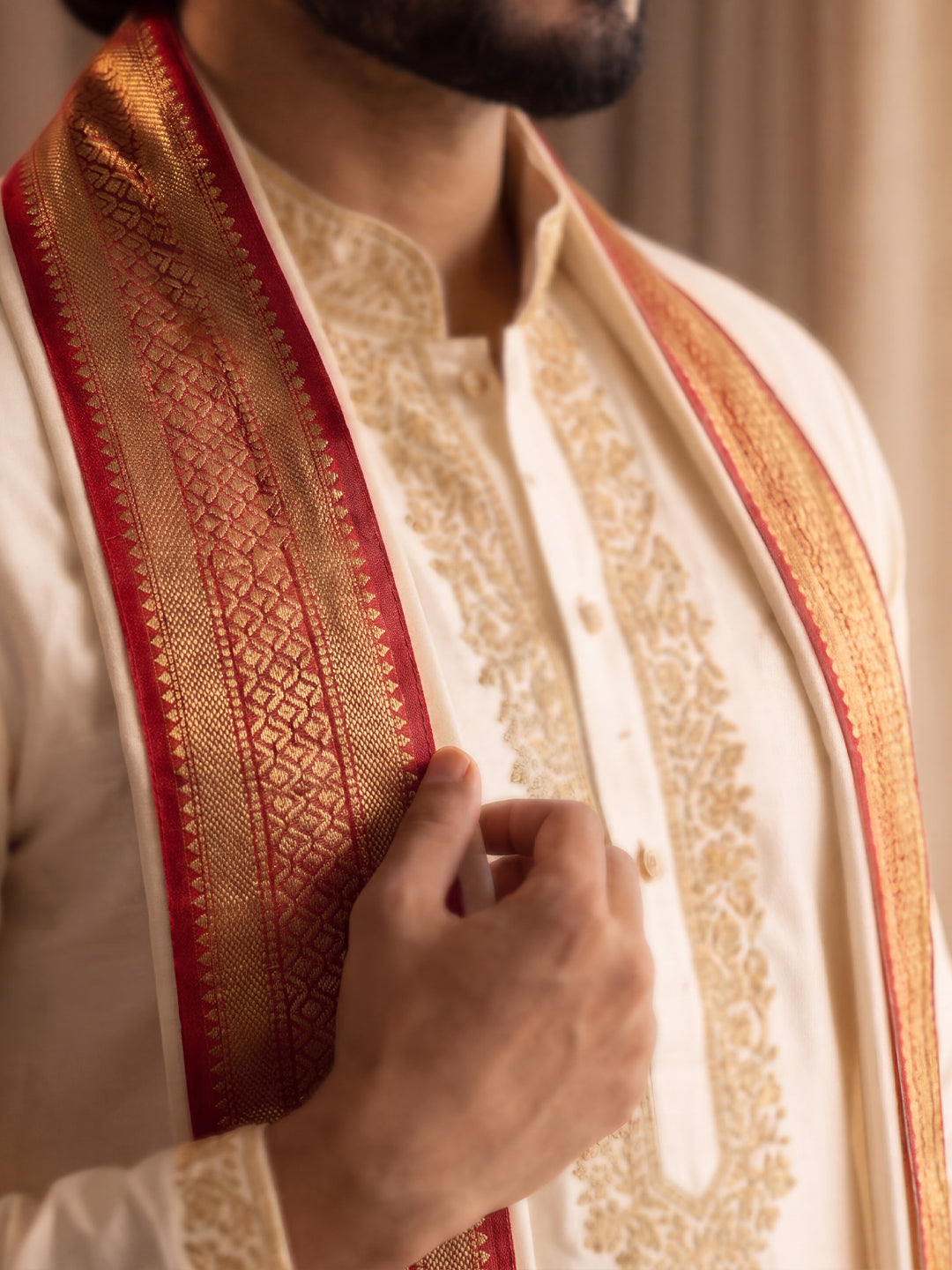 Premium Pure Silk Hand Embroidered Butterfly Motif Kurta Panchakacham & Angavastram with Banaras Red Border | Rathna Varman