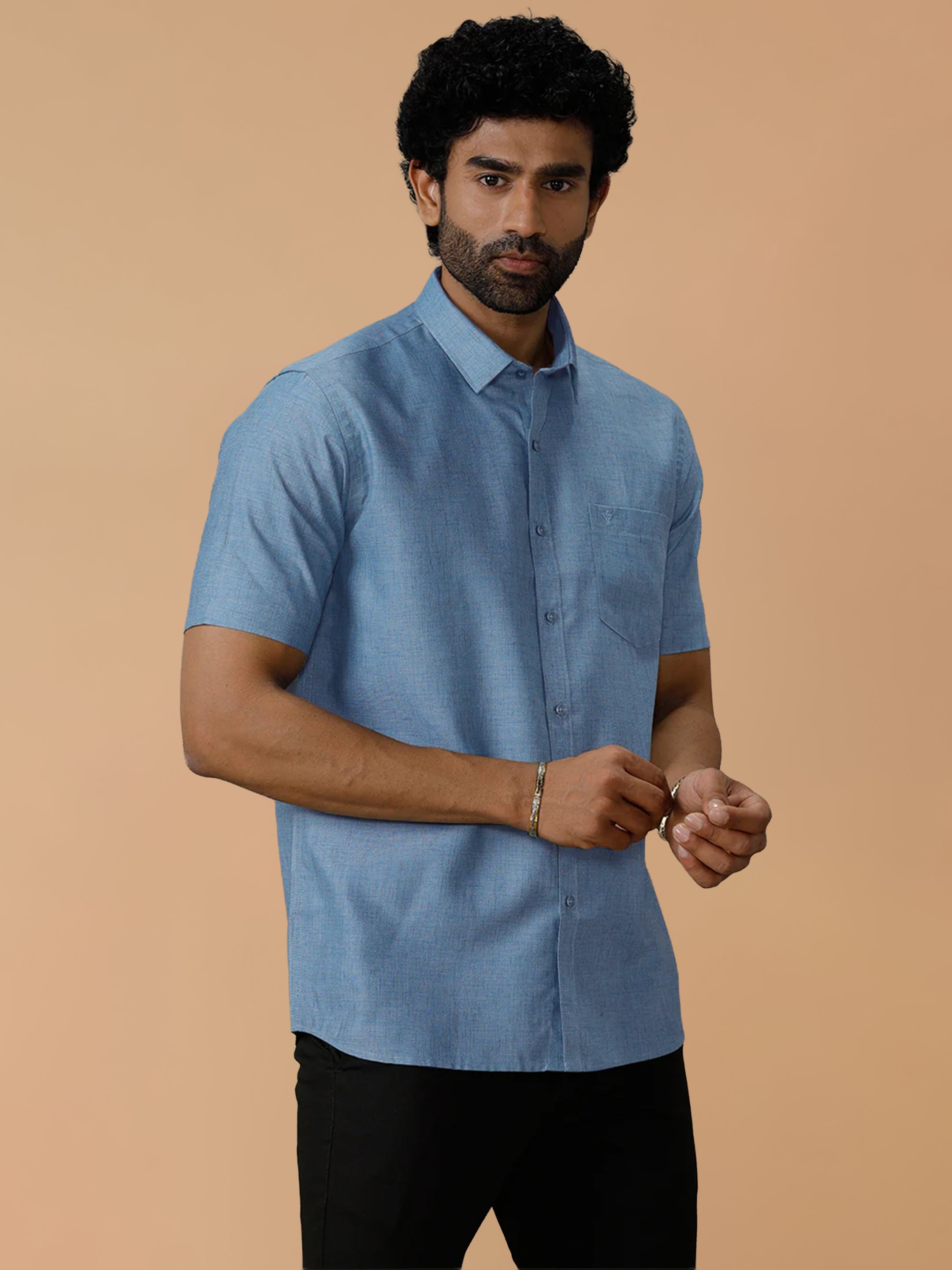 Cotton Rich Deep Blue Regular Fit Shirt Trendy 8 YH6