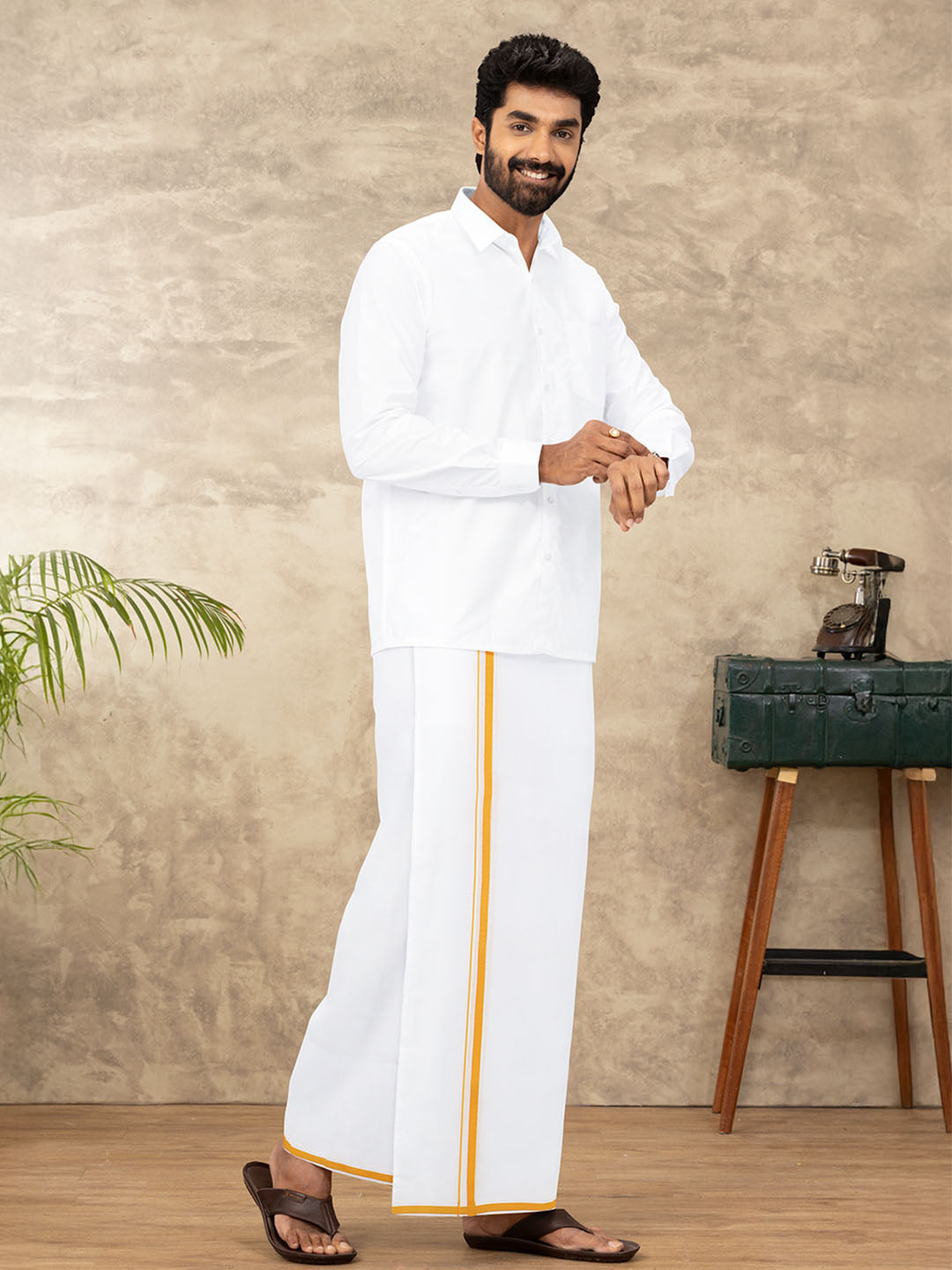 Men 100% Cotton Double Layer White Dhoti with Small Border JV02