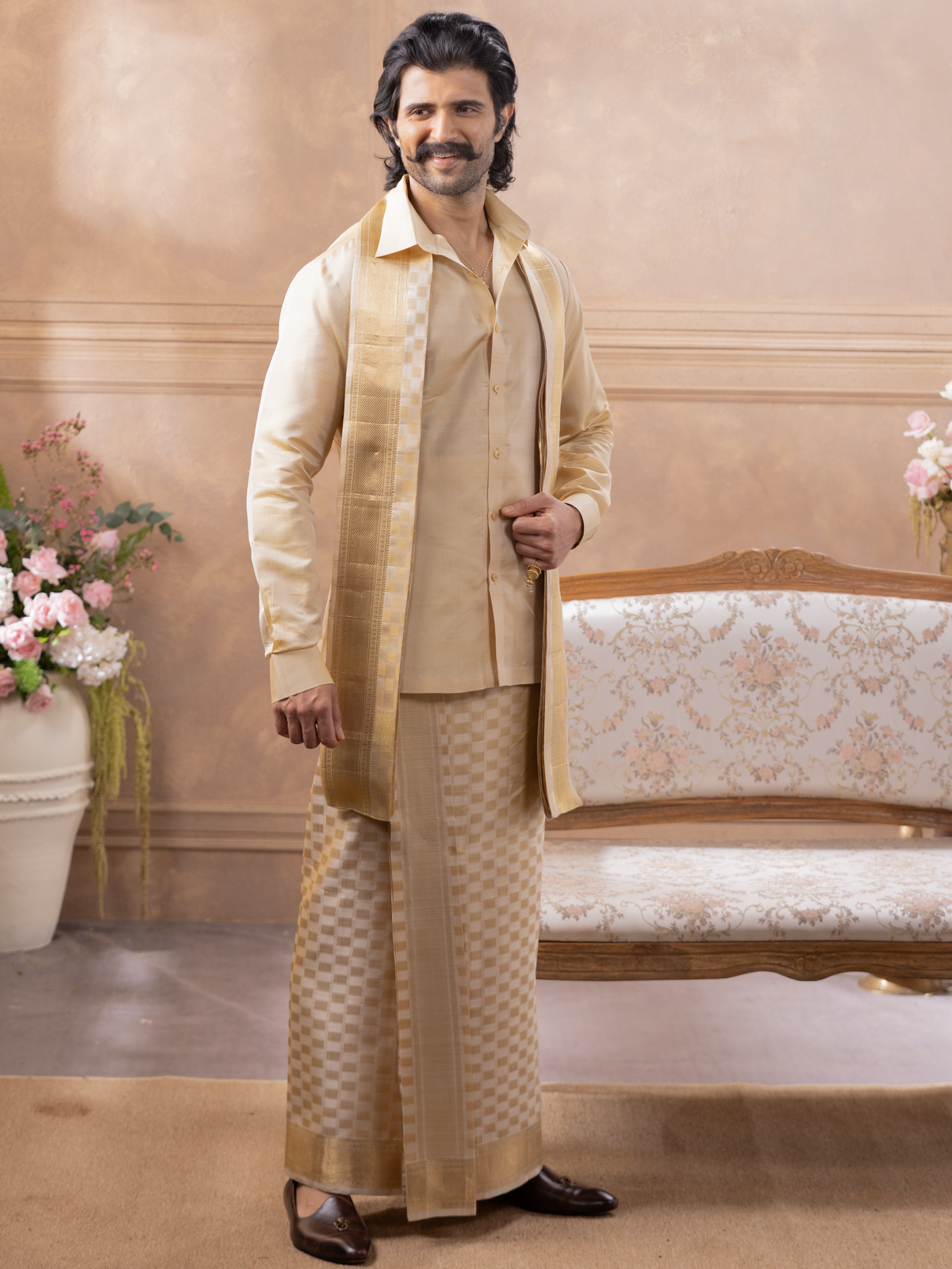 LAGNAA Premium Pure Silk Fawn 3X1 Set | Dhoti / Panchakacham, Shirting Fabric & Towel Set | 3-Inch Jari Border | Rajdharbar