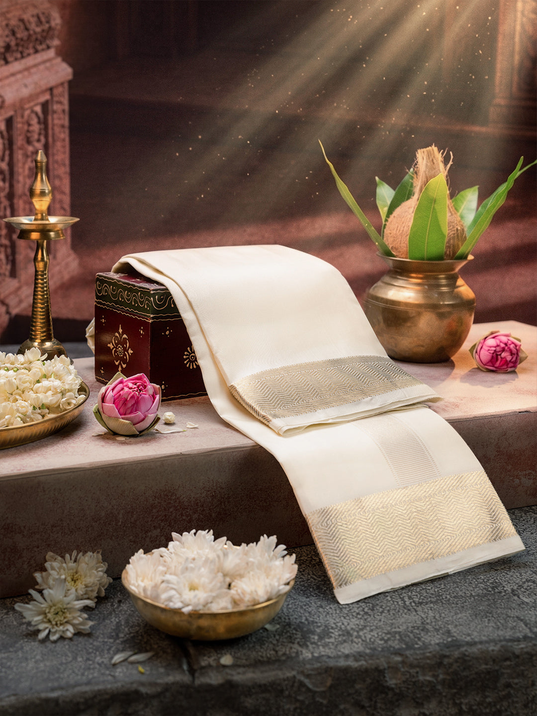 Pure Silk Cream Dhoti with 3" Gold Jari Border - Kalasam