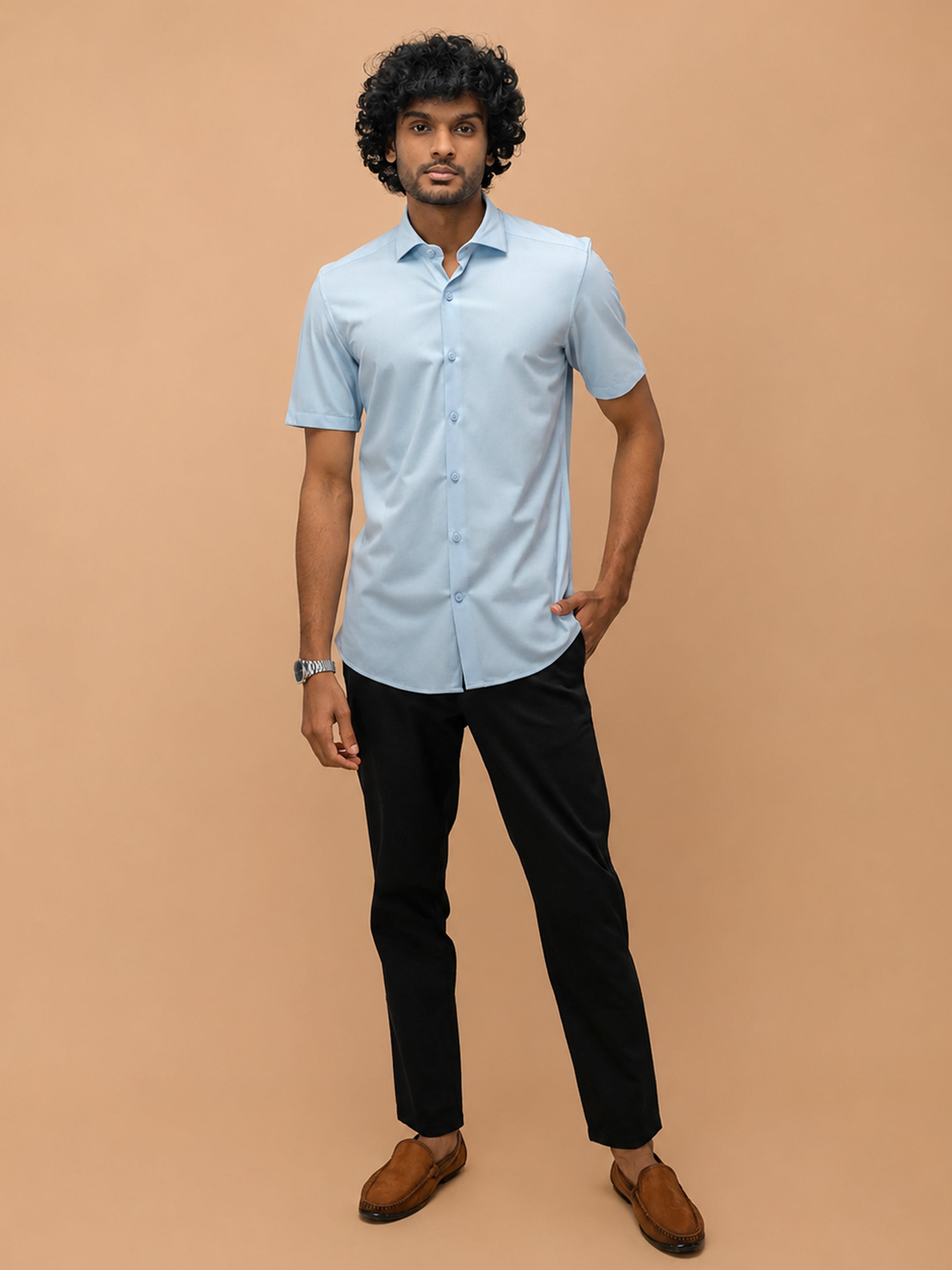 Cotton Rich Sky Blue Slim Fit Knit Shirt ER3