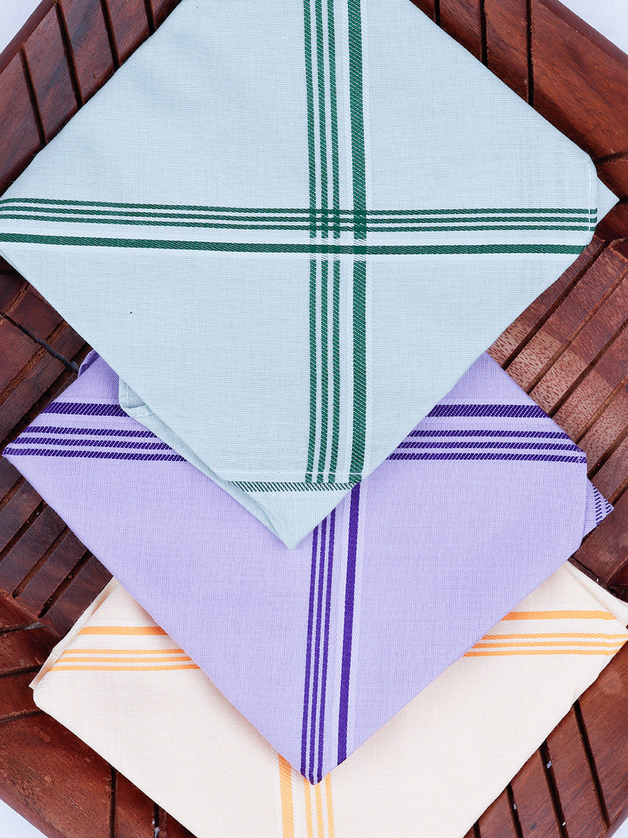 Cotton Colour Hand Kerchief 2877 ( Pack of 2 )-Green, Purple,Orange