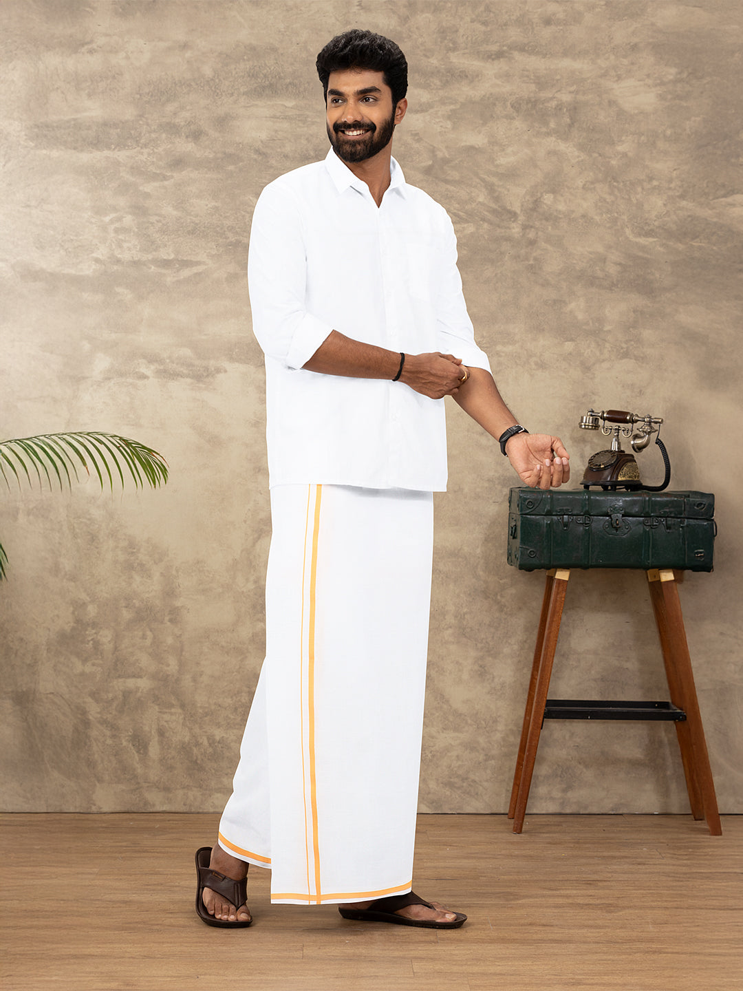 Men 100% Cotton Single Layer White Dhoti with Small Border PN02