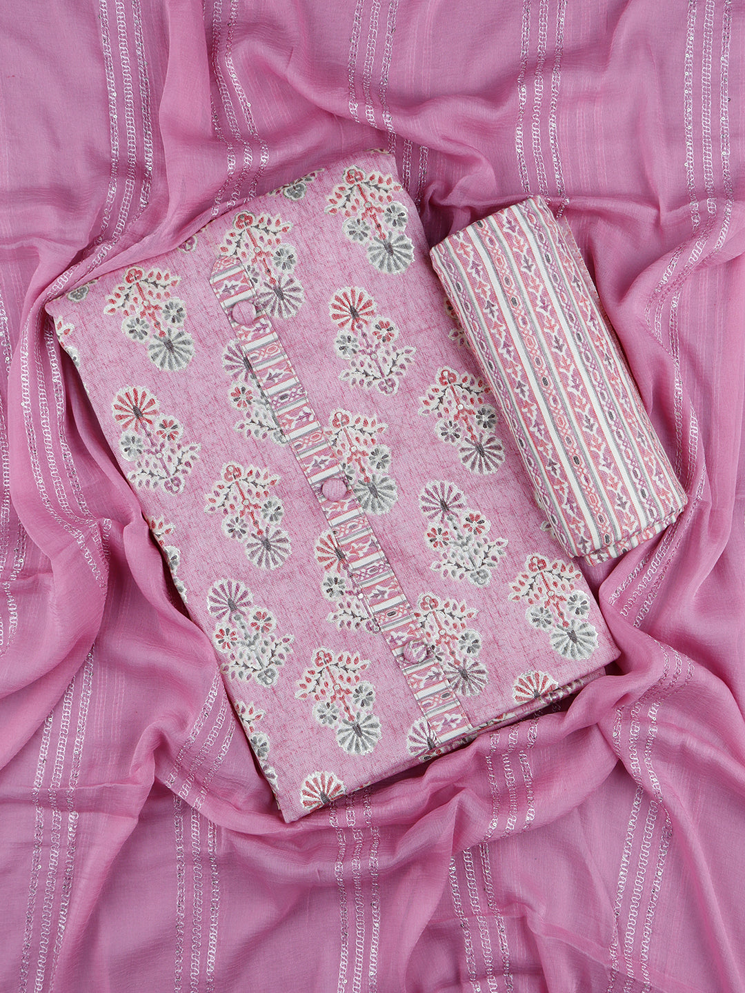 Women Pink with Gold Colour Flower Digital Print Unstitched Tissue Cotton Dress Material DM127